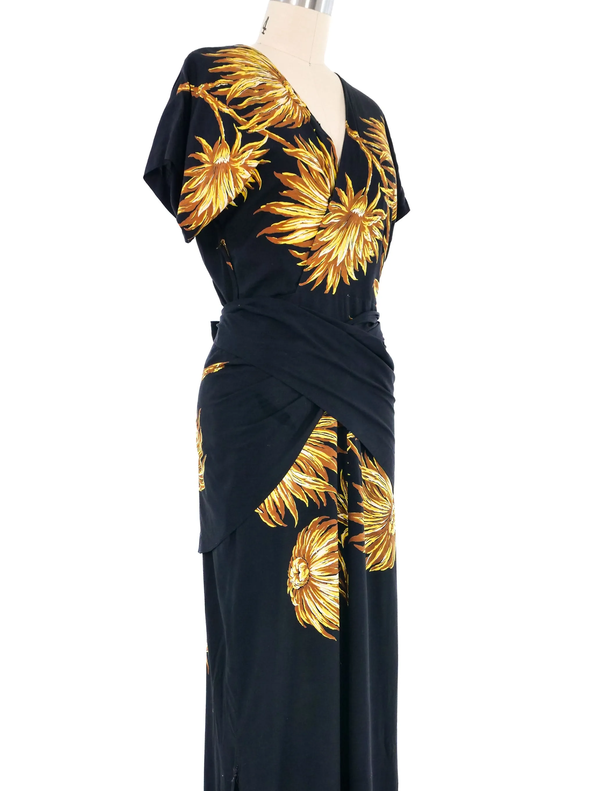 1940s Black Floral Wrap Dress