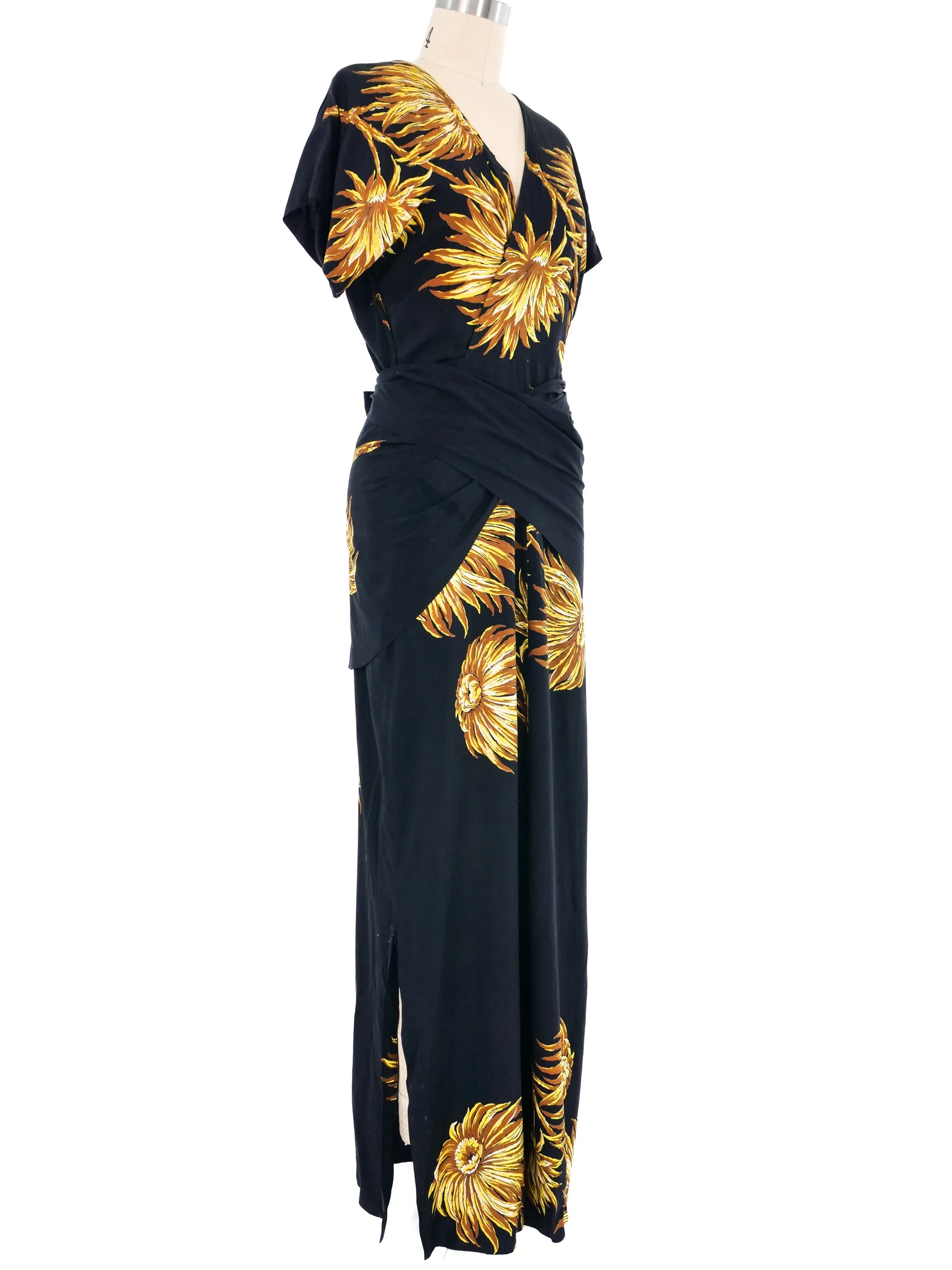 1940s Black Floral Wrap Dress