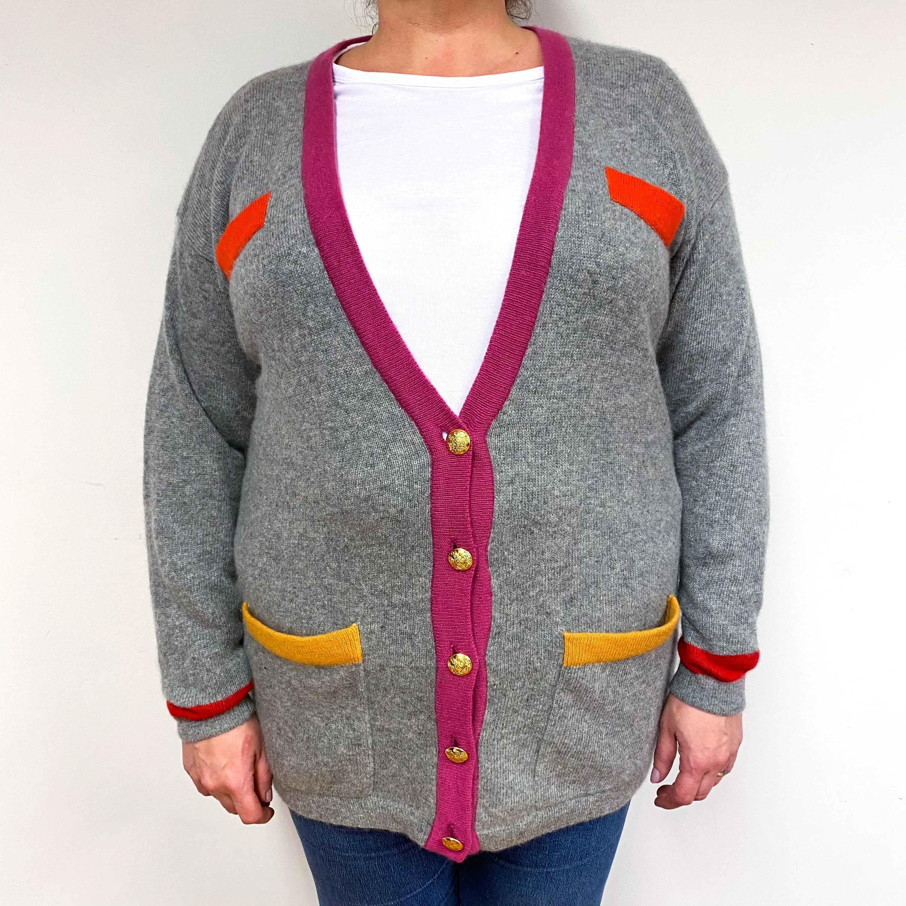 1980’s Vintage Grey Pink Cashmere Cardigan Extra Large