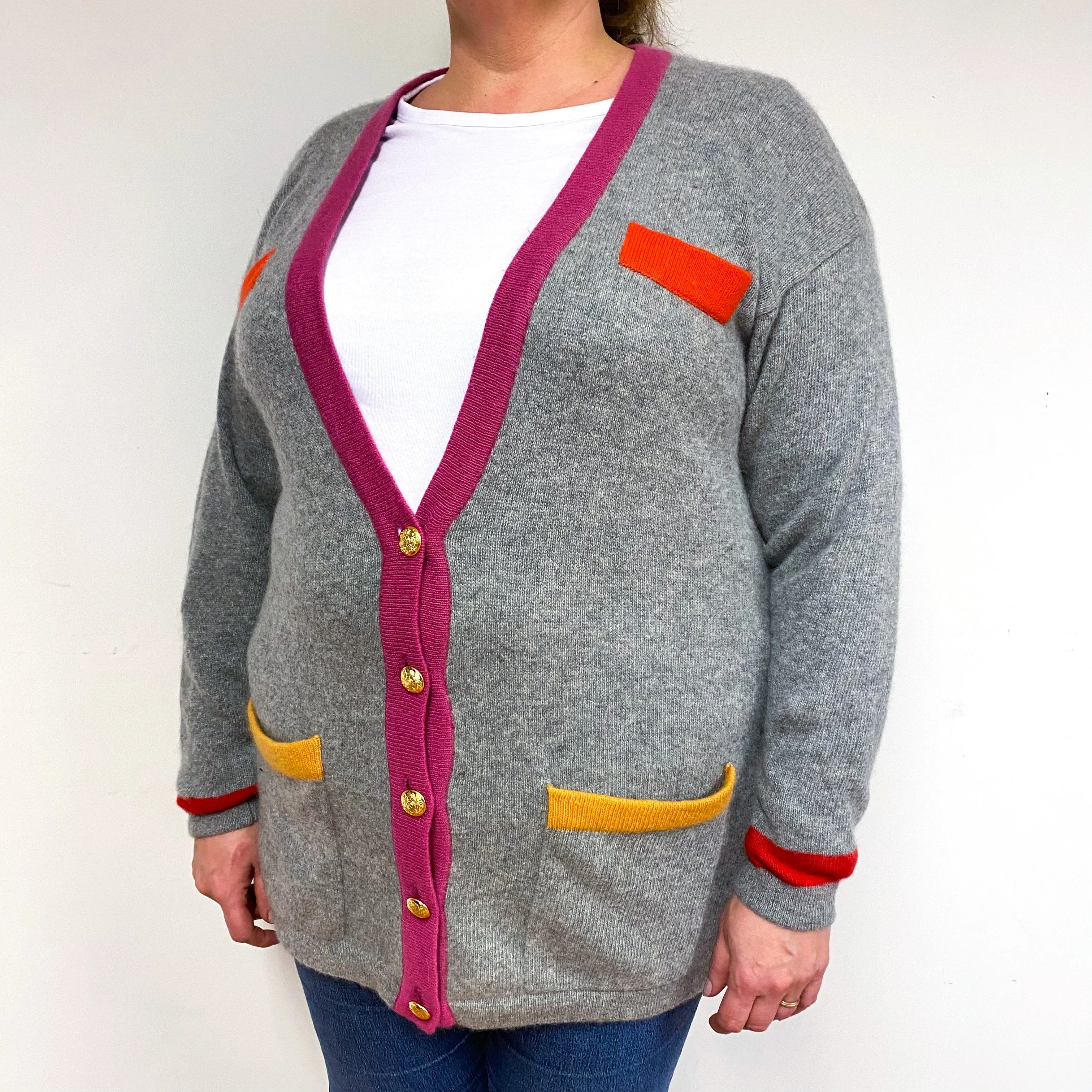 1980’s Vintage Grey Pink Cashmere Cardigan Extra Large