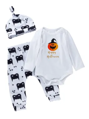 3-Piece Halloween Baby Outfits Pumpkin Bodysuit Pants Hat