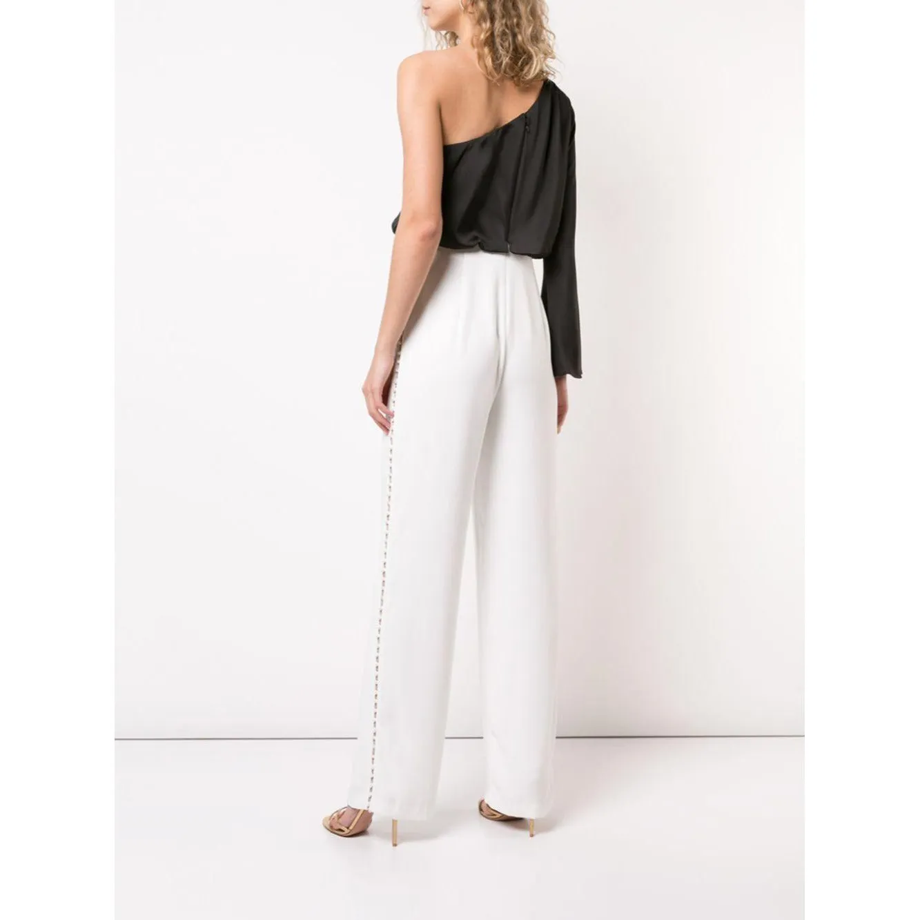 Aidan Mattox Asymmetric Long Sleeve Jumpsuit - Black Ivory