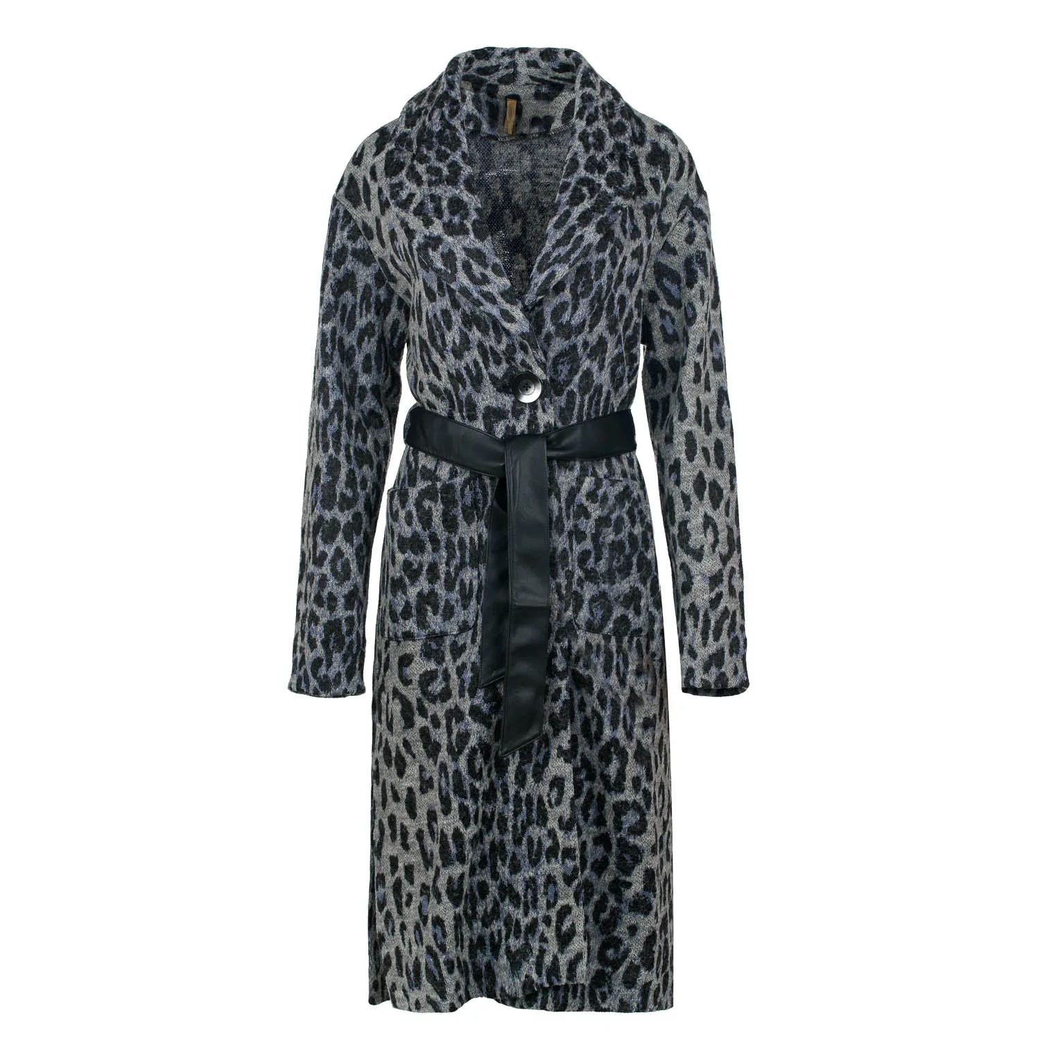 Animal Print Wool Blend Long Coat With Faux Leather Belt