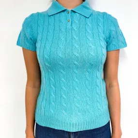 Aqua Blue Cashmere Collared Short Sleeve Jumper Small