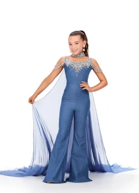 Ashley Lauren Kids 8267 Girls Denim Jumpsuit Pageant Choker Cape Off the Shoulder Crystal Fringe