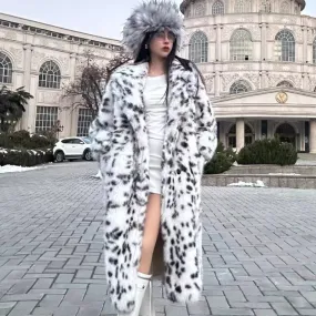 Autumn Winter Faux Fur Coat Women Collar Belt Long Leopard Print Fox Fur Overcoat