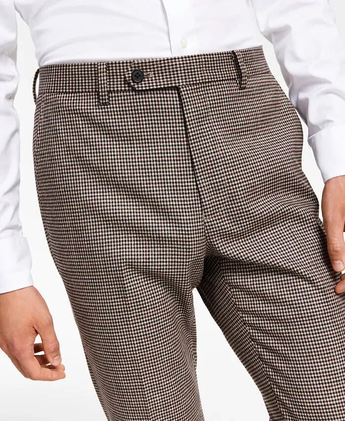 Bar III Mens Skinny Fit Check Suit Dress Pants Burgundy Black 30 x 32