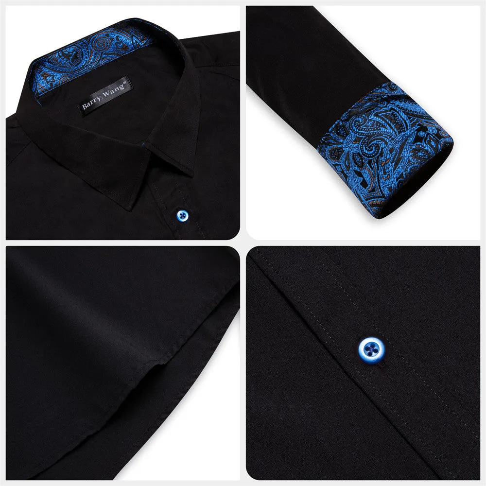 Barry Wang Black Blue Patchwork Shirt Button Up Long Sleeve Collared Shirt
