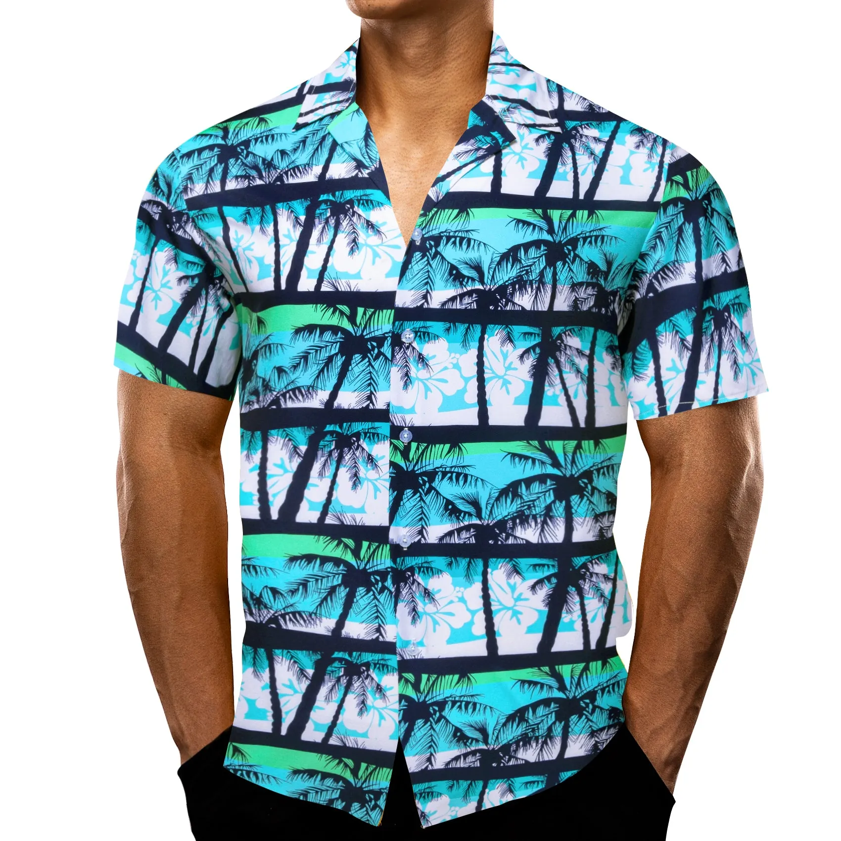 Barry Wang Men's Blue White Floral Pattern Short Sleeves Summer Hawaii Shirt