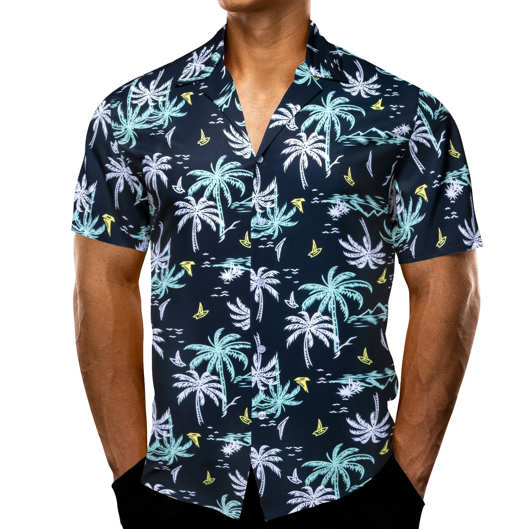 Barry Wang Mens Shirt Men's Oriental Blue White Summer Hawaii Shirt