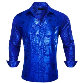 Barry.wang Buttoned Down Shirt Cobalt blue Floral Men's Silk Long Sleeve Shirt