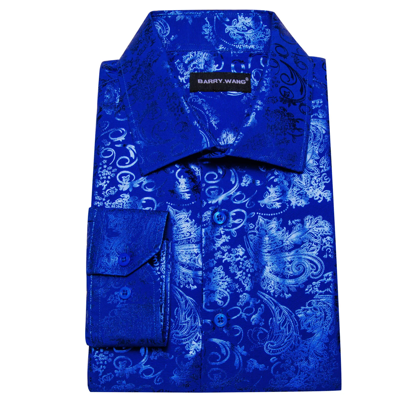 Barry.wang Buttoned Down Shirt Cobalt blue Floral Men's Silk Long Sleeve Shirt
