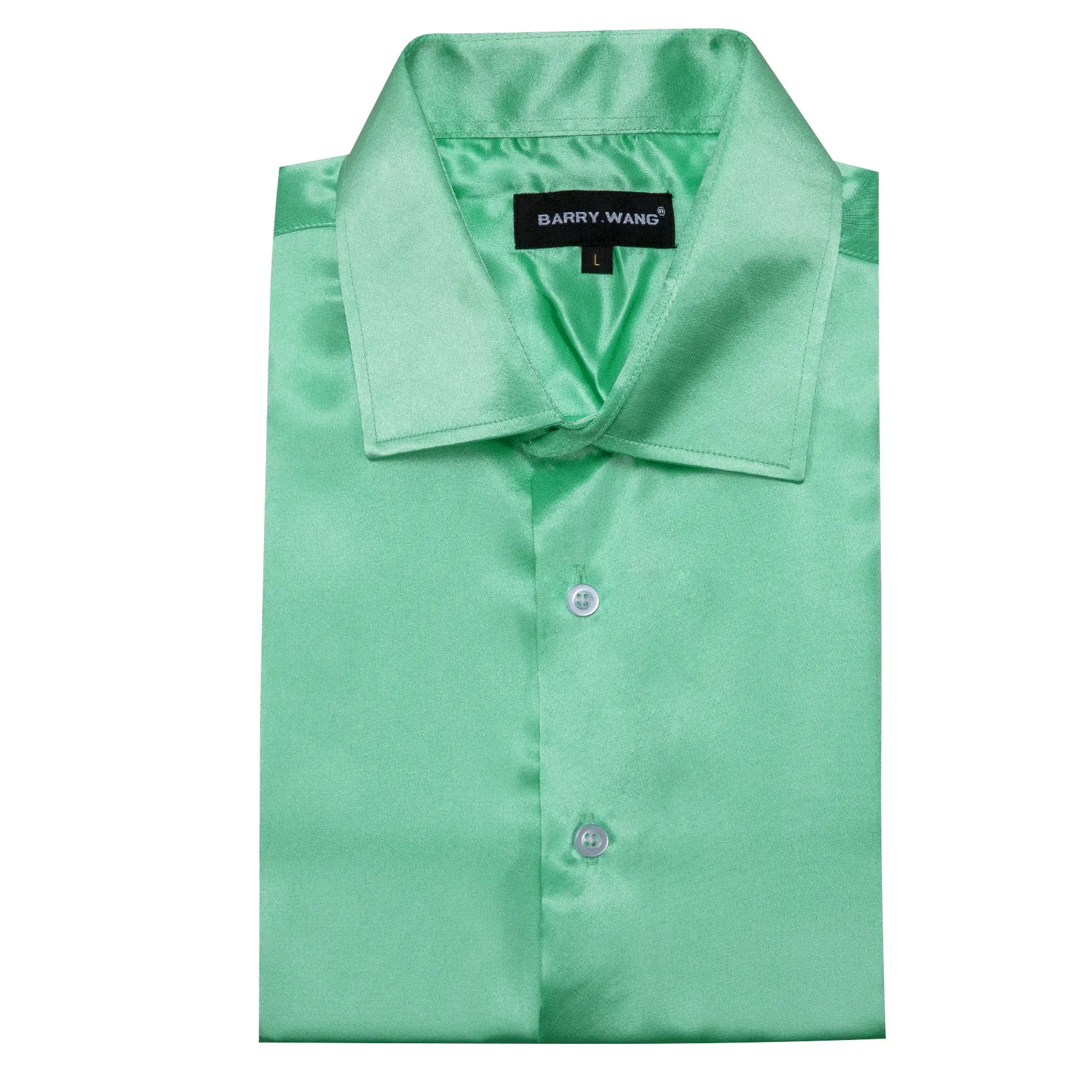 Barry.wang Fashion Green Solid Silk Men's Long Sleeve Shirt