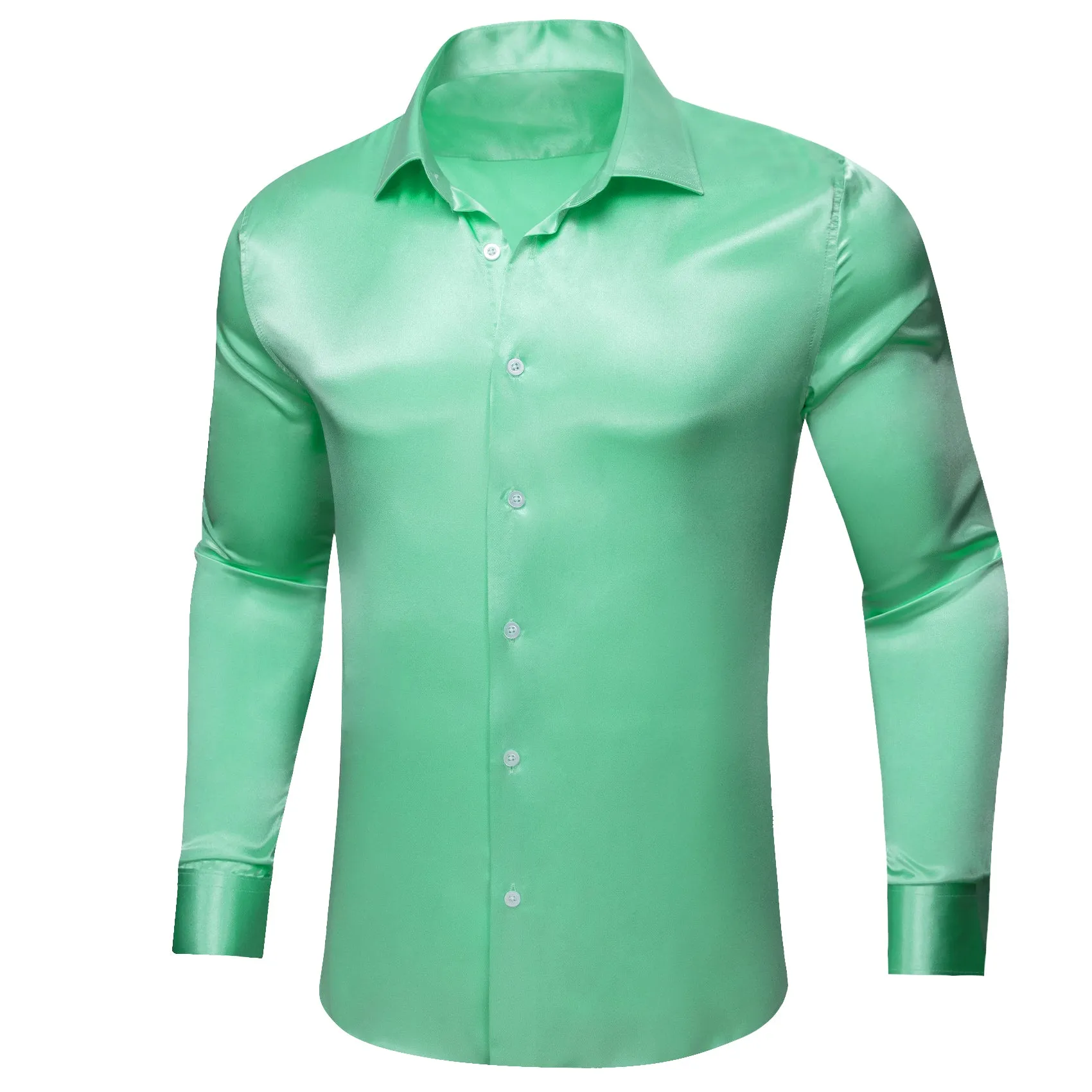 Barry.wang Fashion Green Solid Silk Men's Long Sleeve Shirt