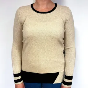 Beige Black Trim Cashmere Crew Neck Jumper Large