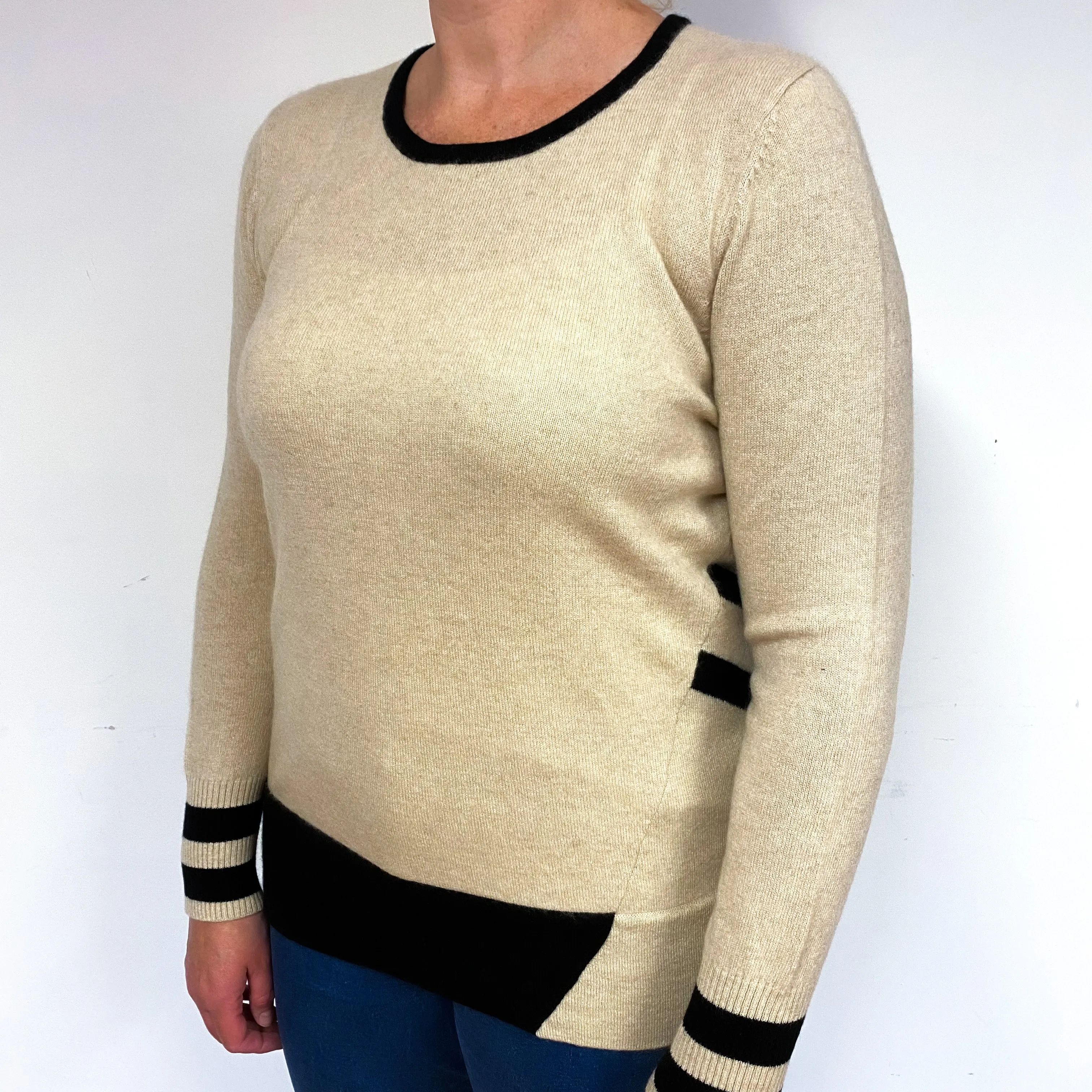 Beige Black Trim Cashmere Crew Neck Jumper Large
