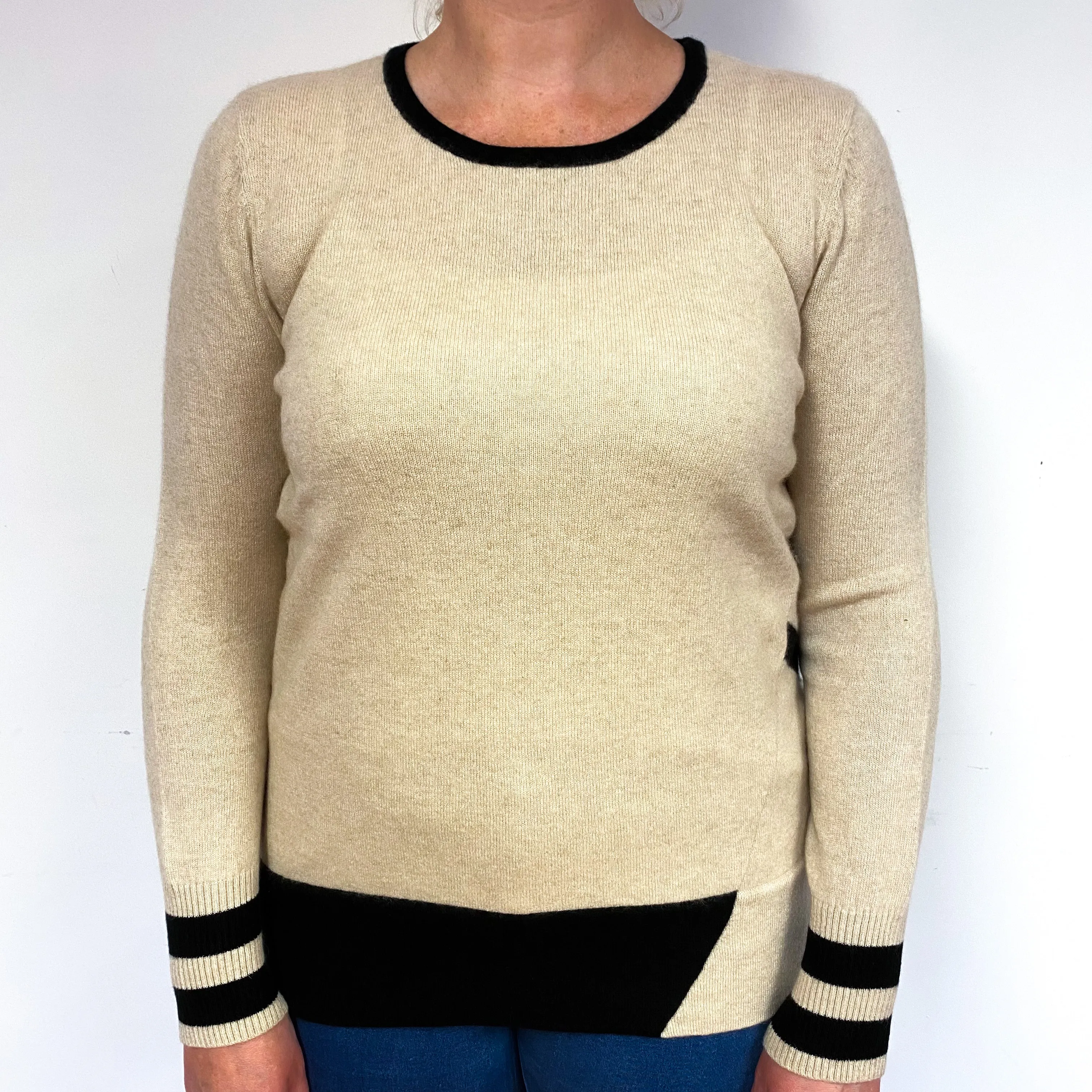 Beige Black Trim Cashmere Crew Neck Jumper Large