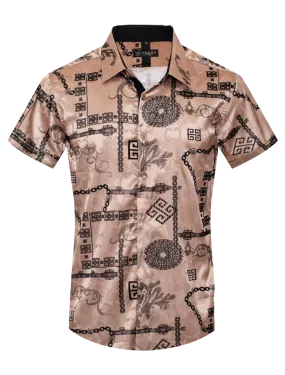 Beige Men's Graphic Design Short Sleeves Shiny Shirt Satin Material
