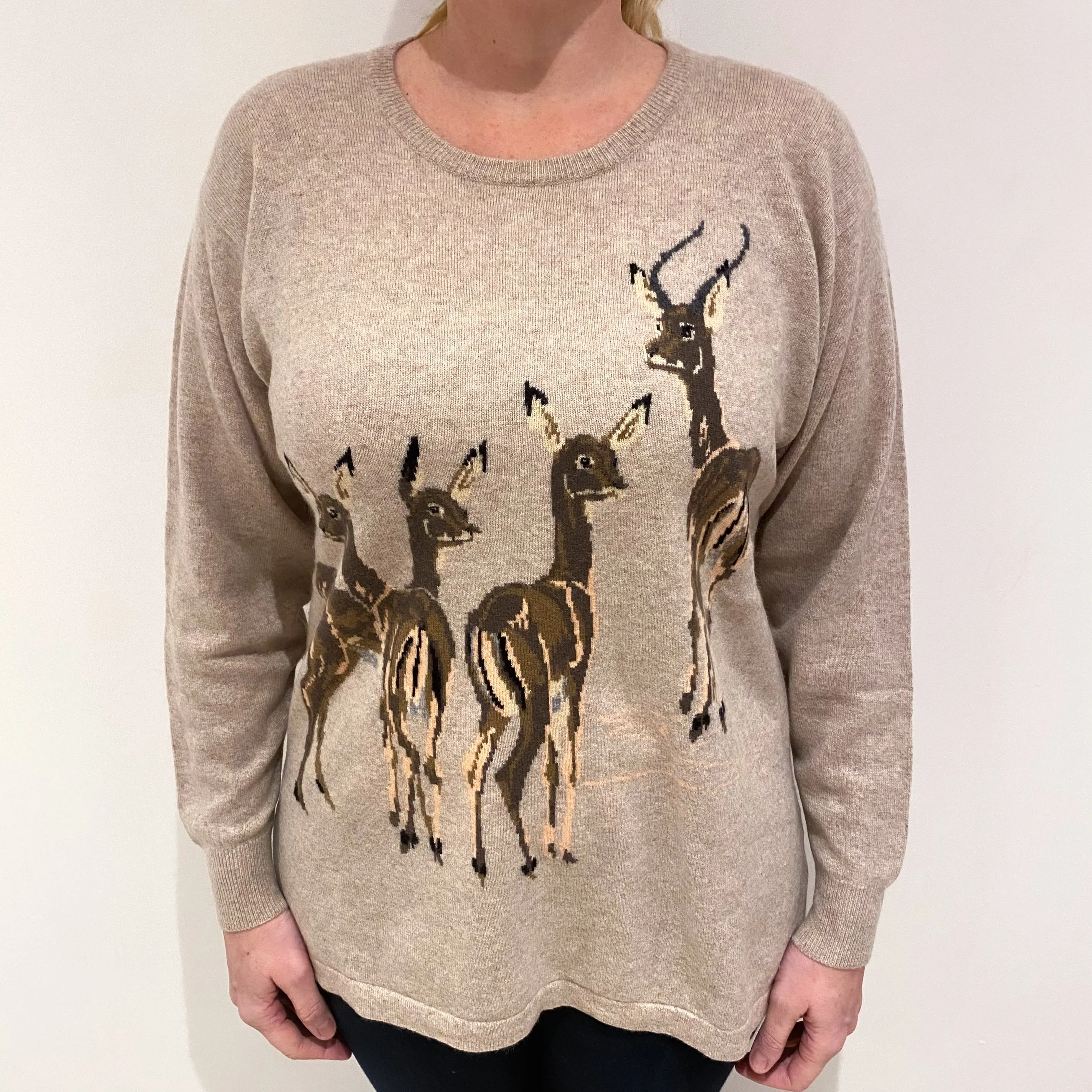 Biscuit Brown Deer Design Cashmere Crew Neck Jumper Large