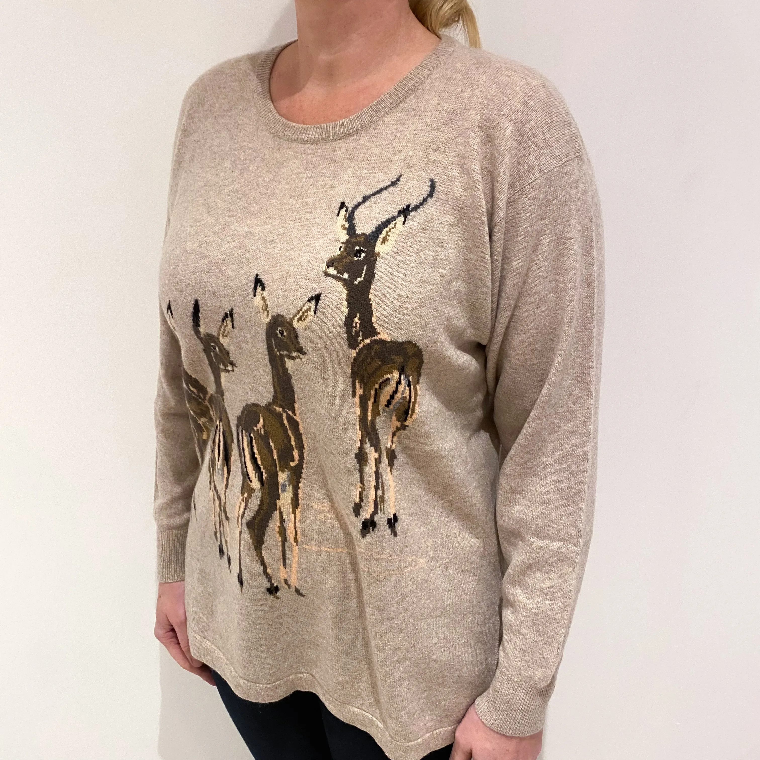 Biscuit Brown Deer Design Cashmere Crew Neck Jumper Large