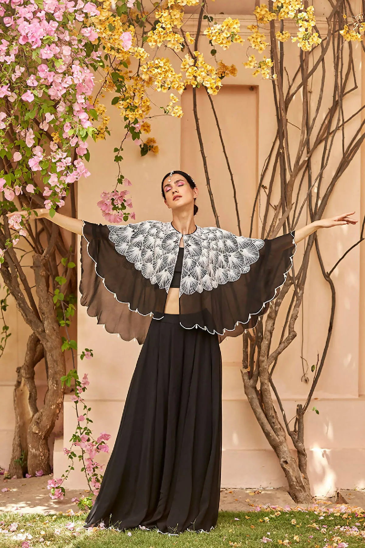 Black & White Embroidered Cape & Sharara Pants