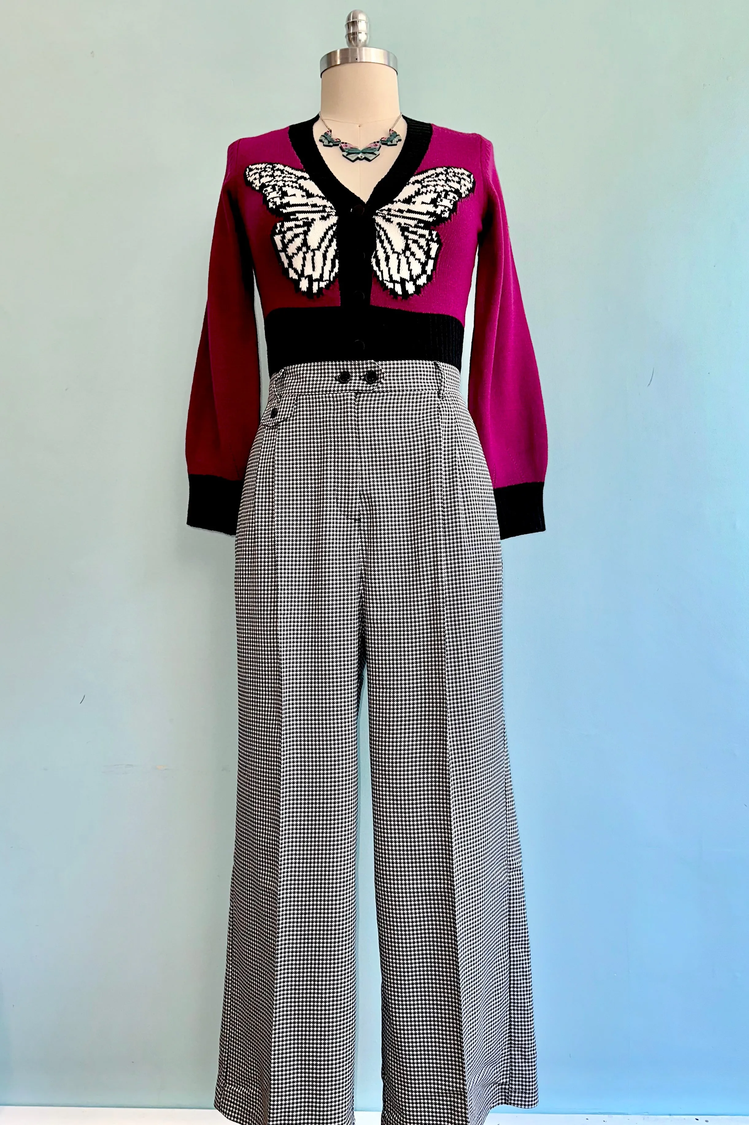 Black and White Houndstooth Wide Leg Teddy Pants by Hell Bunny