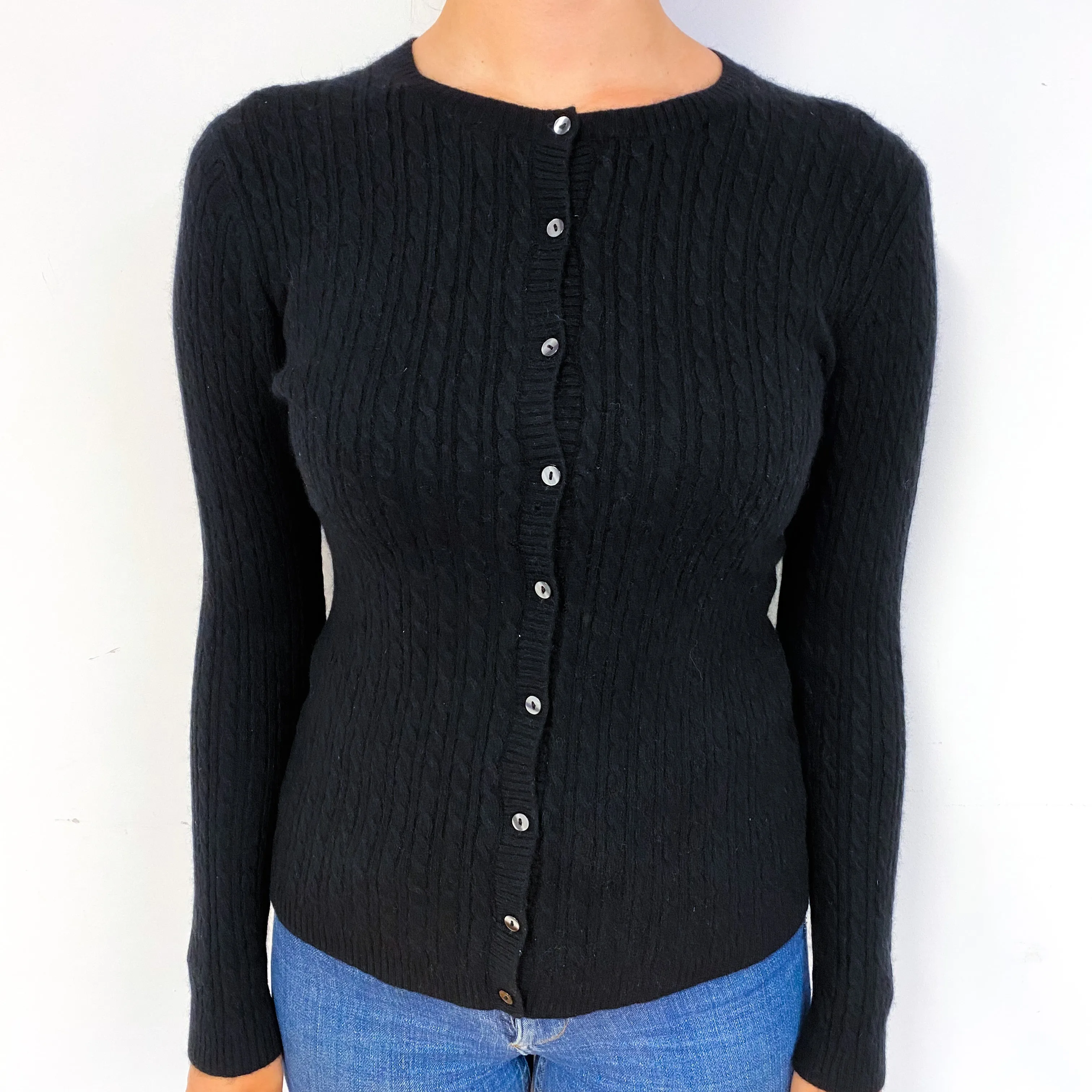 Black Cable Cashmere Crew Neck Cardigan Small