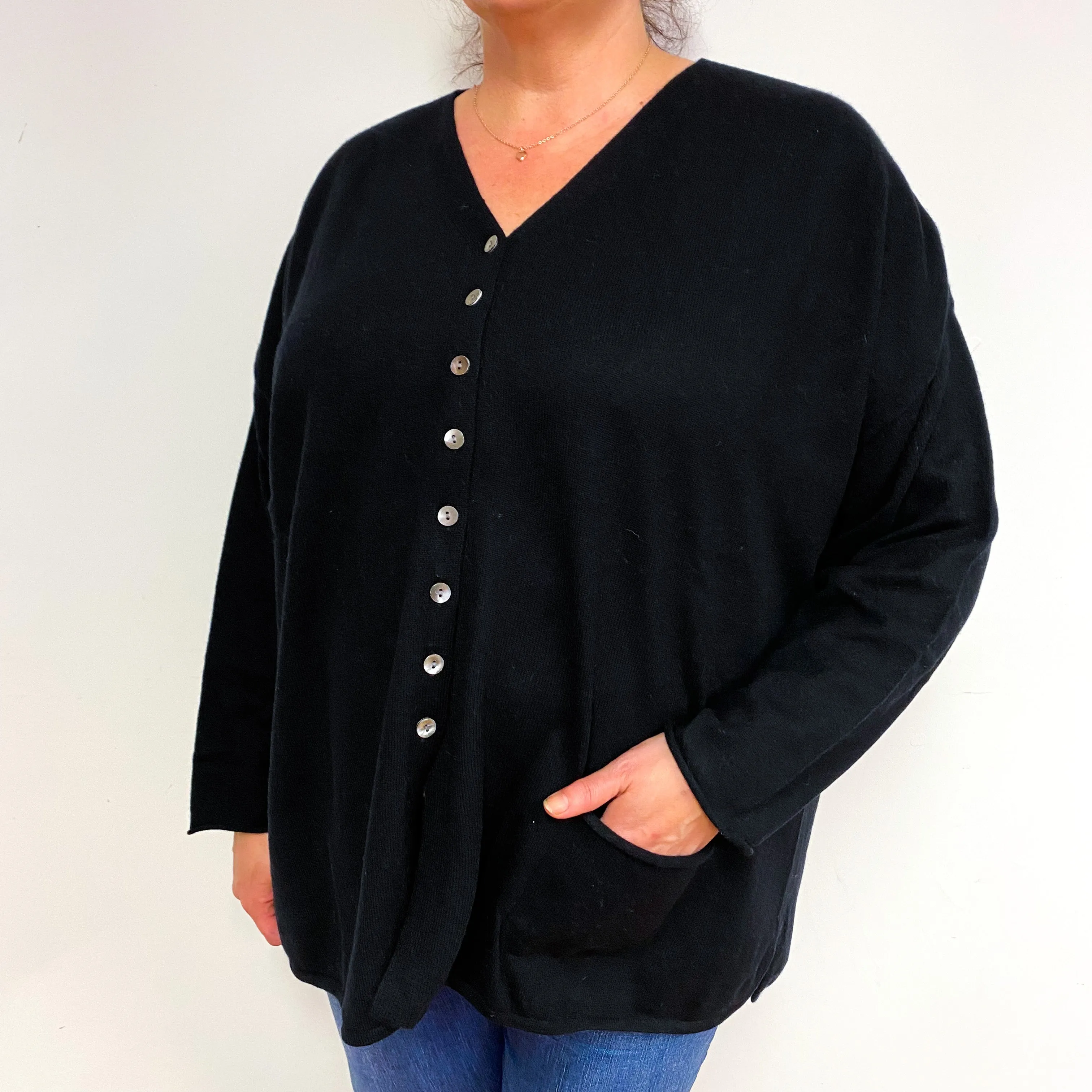 Black Cashmere V-Neck Cardigan with Pockets XXXL