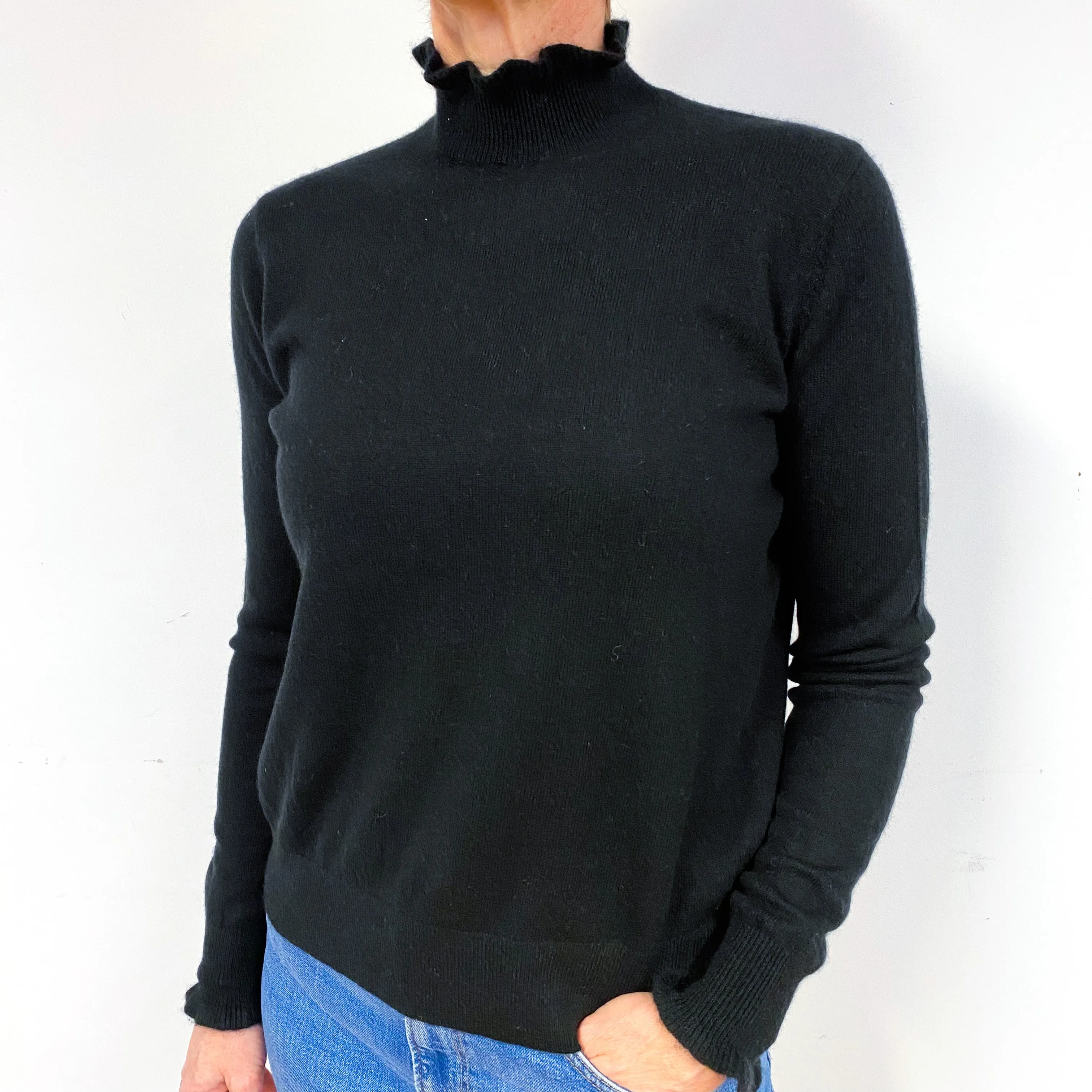 Black Frill Trimmed Cashmere Polo Neck Jumper Medium