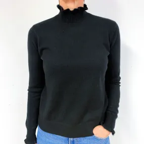 Black Frill Trimmed Cashmere Polo Neck Jumper Medium