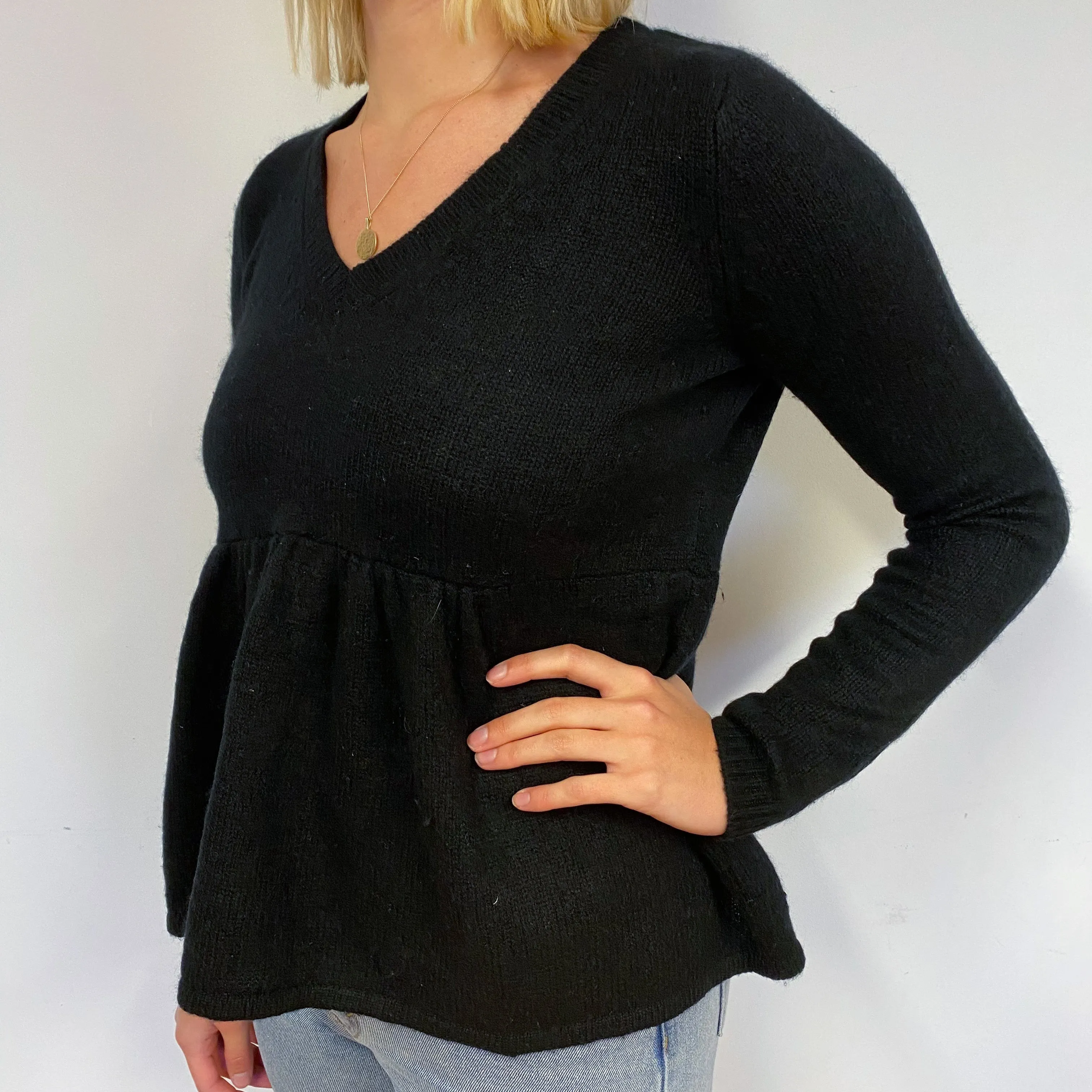 Black Peplum Cashmere V-Neck Jumper Small