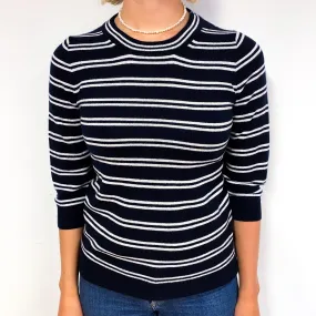 Black White Stripe 3/4 Sleeve Cashmere Crew Neck Jumper Small
