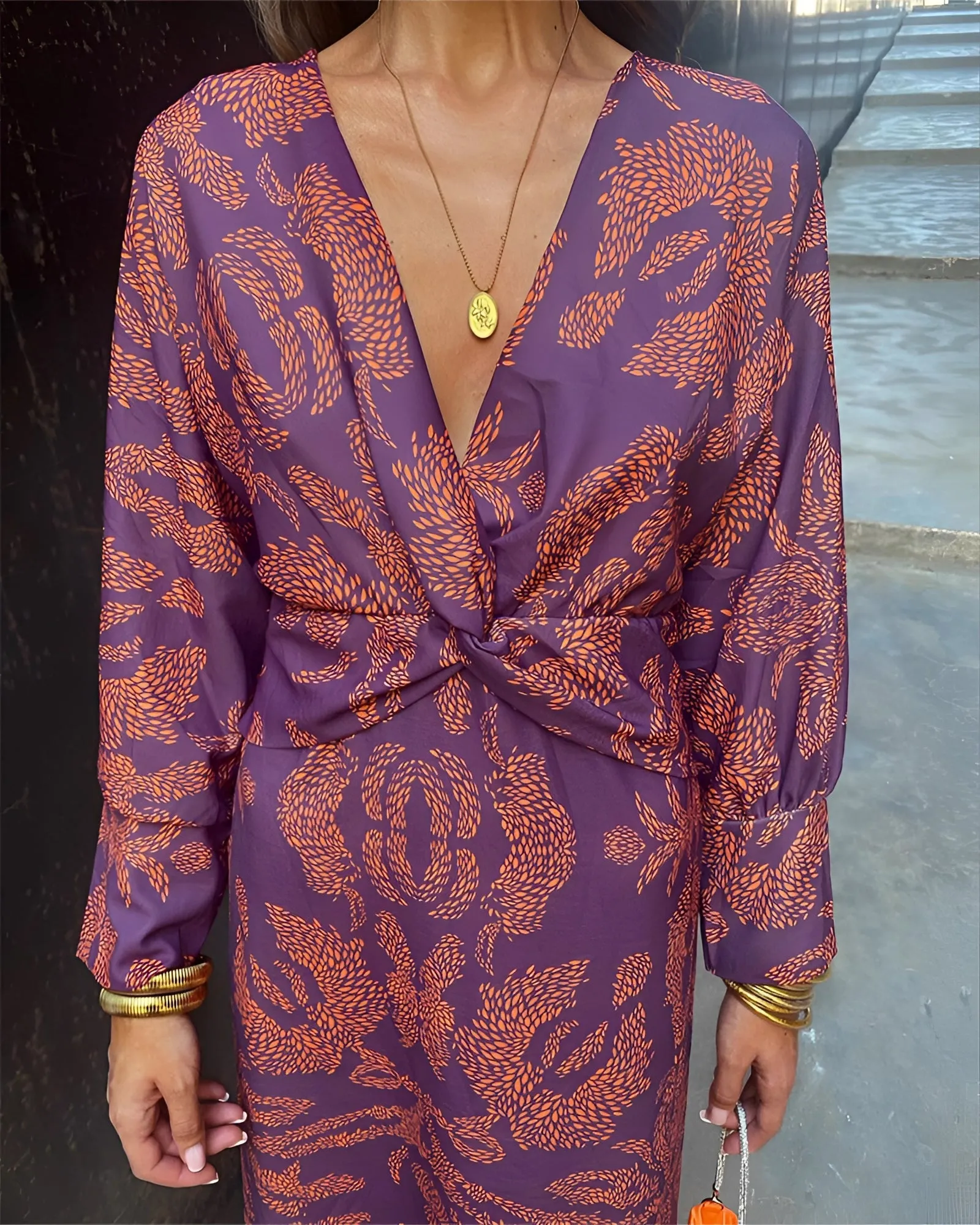 Blue Floral Midi Dress - V-Neck Long Sleeve Fall Fashion