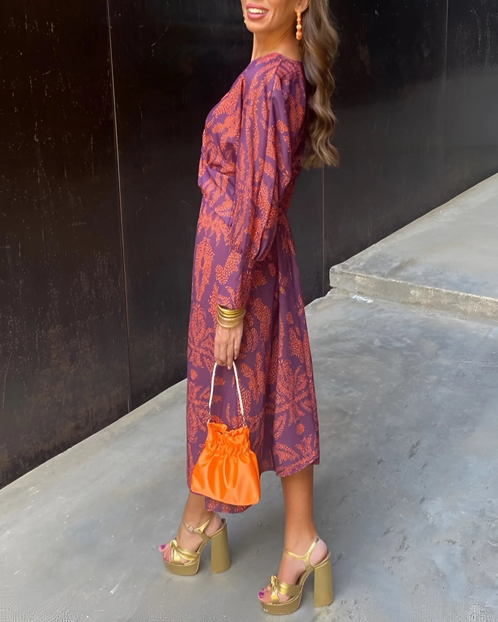 Blue Floral Midi Dress - V-Neck Long Sleeve Fall Fashion