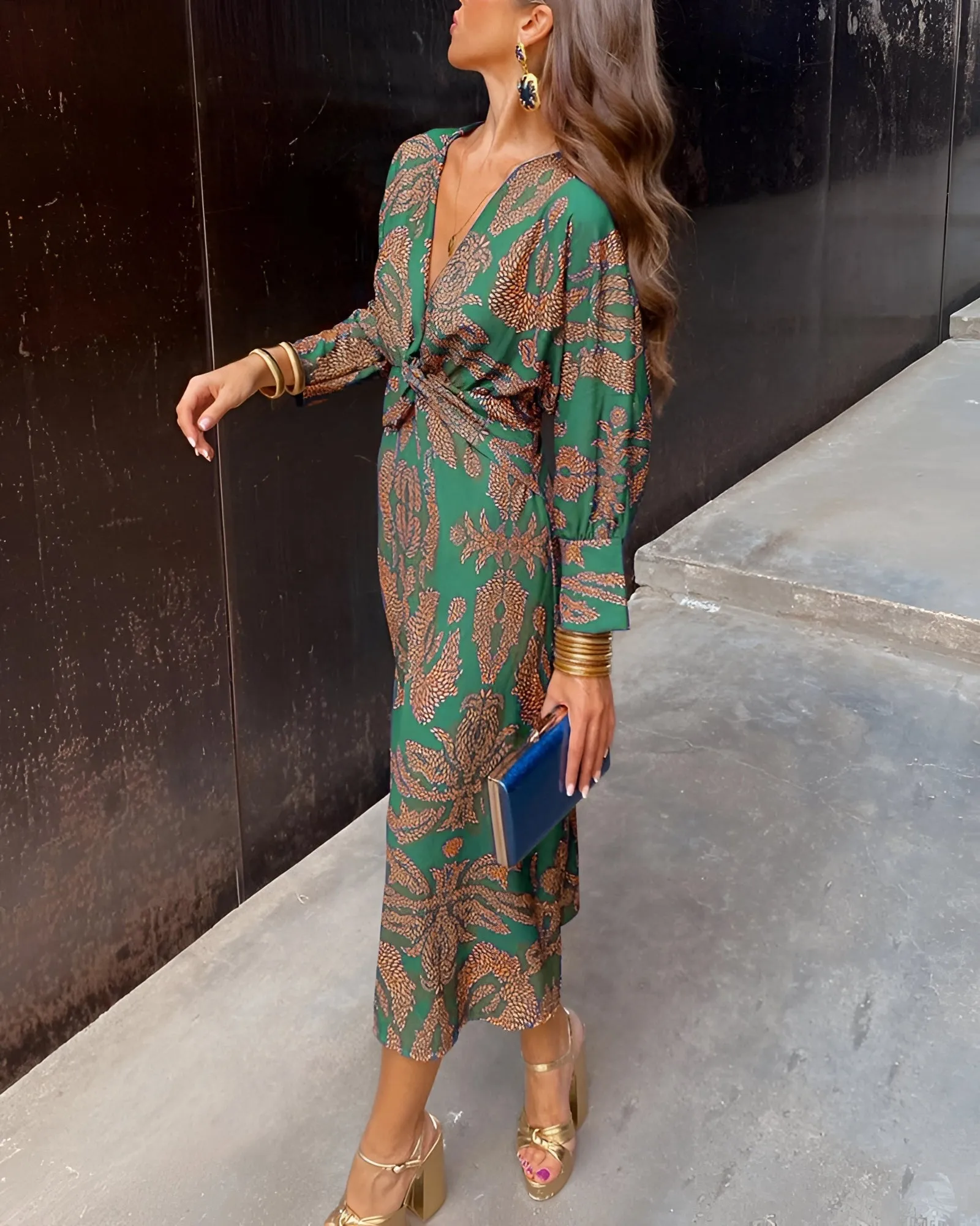 Blue Floral Midi Dress - V-Neck Long Sleeve Fall Fashion