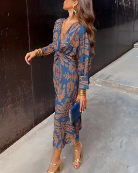 Blue Floral Midi Dress - V-Neck Long Sleeve Fall Fashion