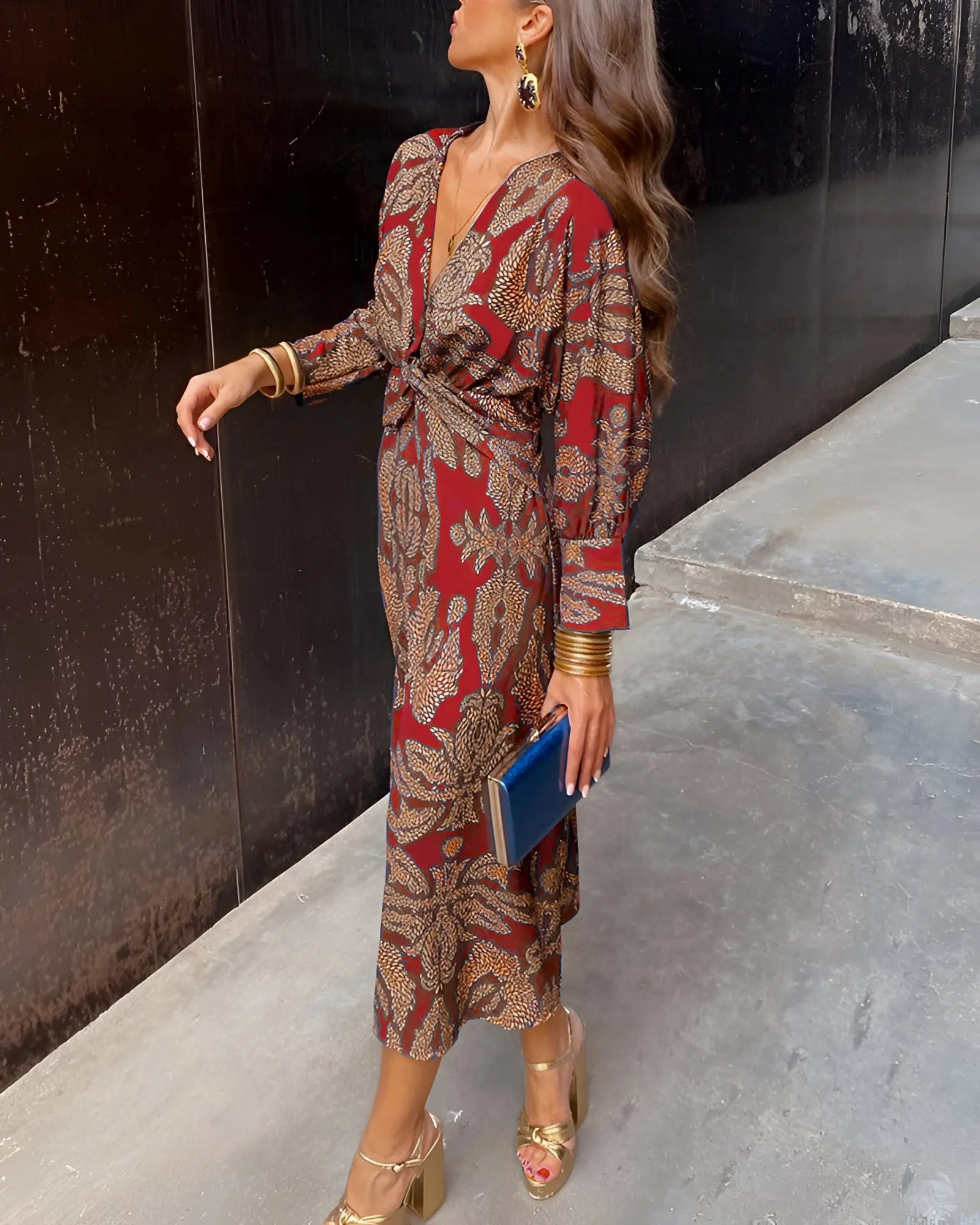 Blue Floral Midi Dress - V-Neck Long Sleeve Fall Fashion