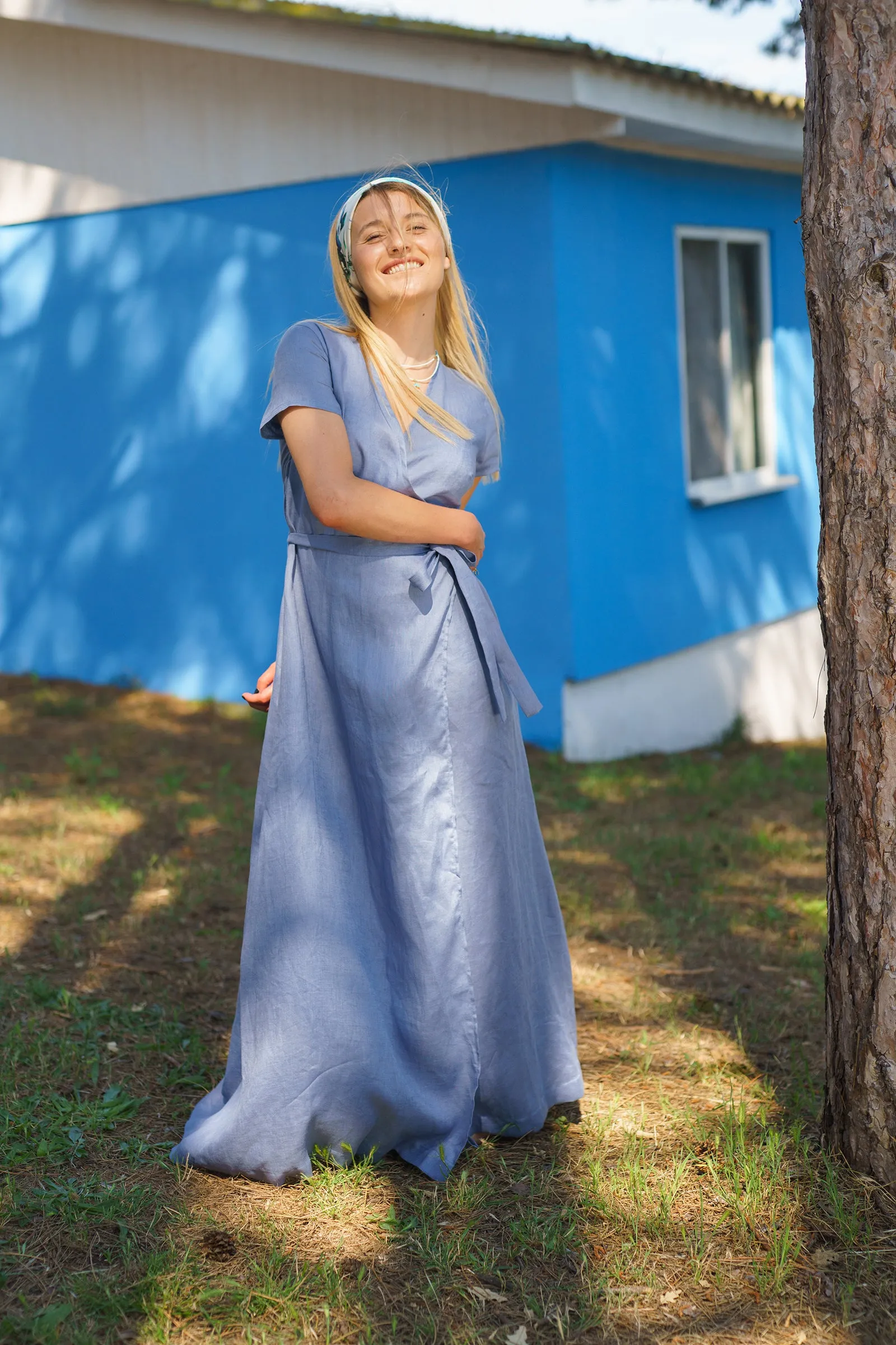 Blue Summer Linen Wrap Dress