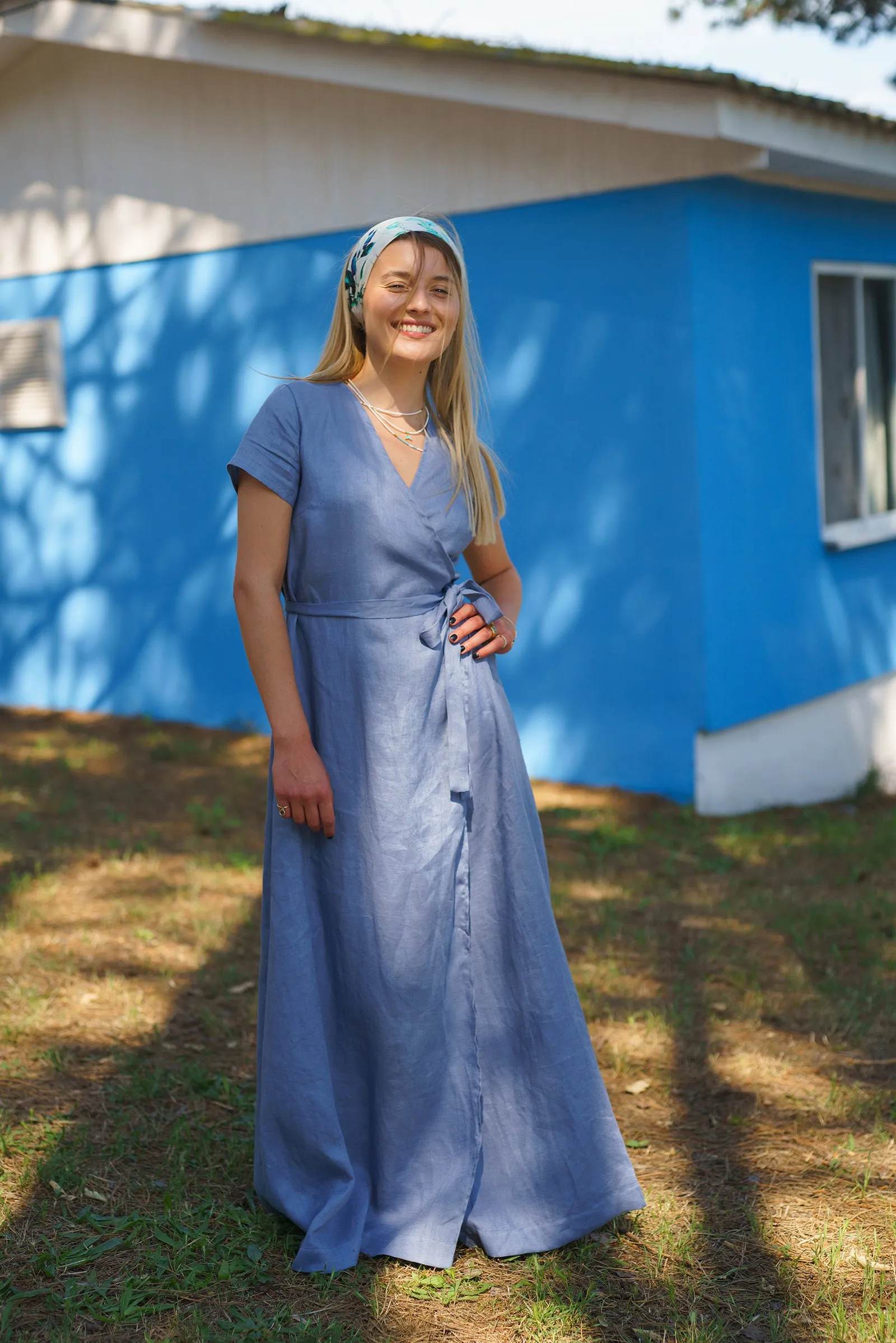 Blue Summer Linen Wrap Dress