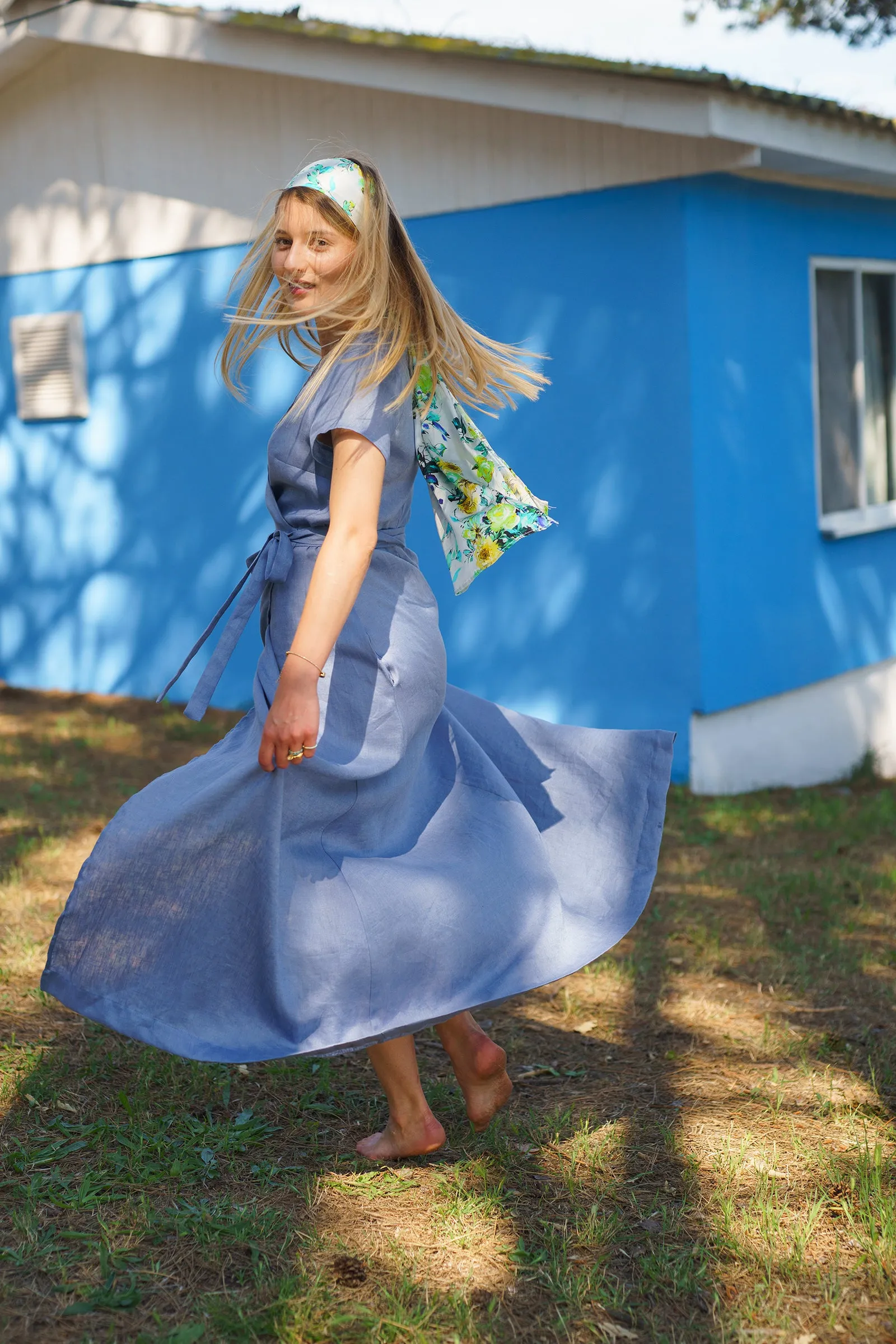 Blue Summer Linen Wrap Dress