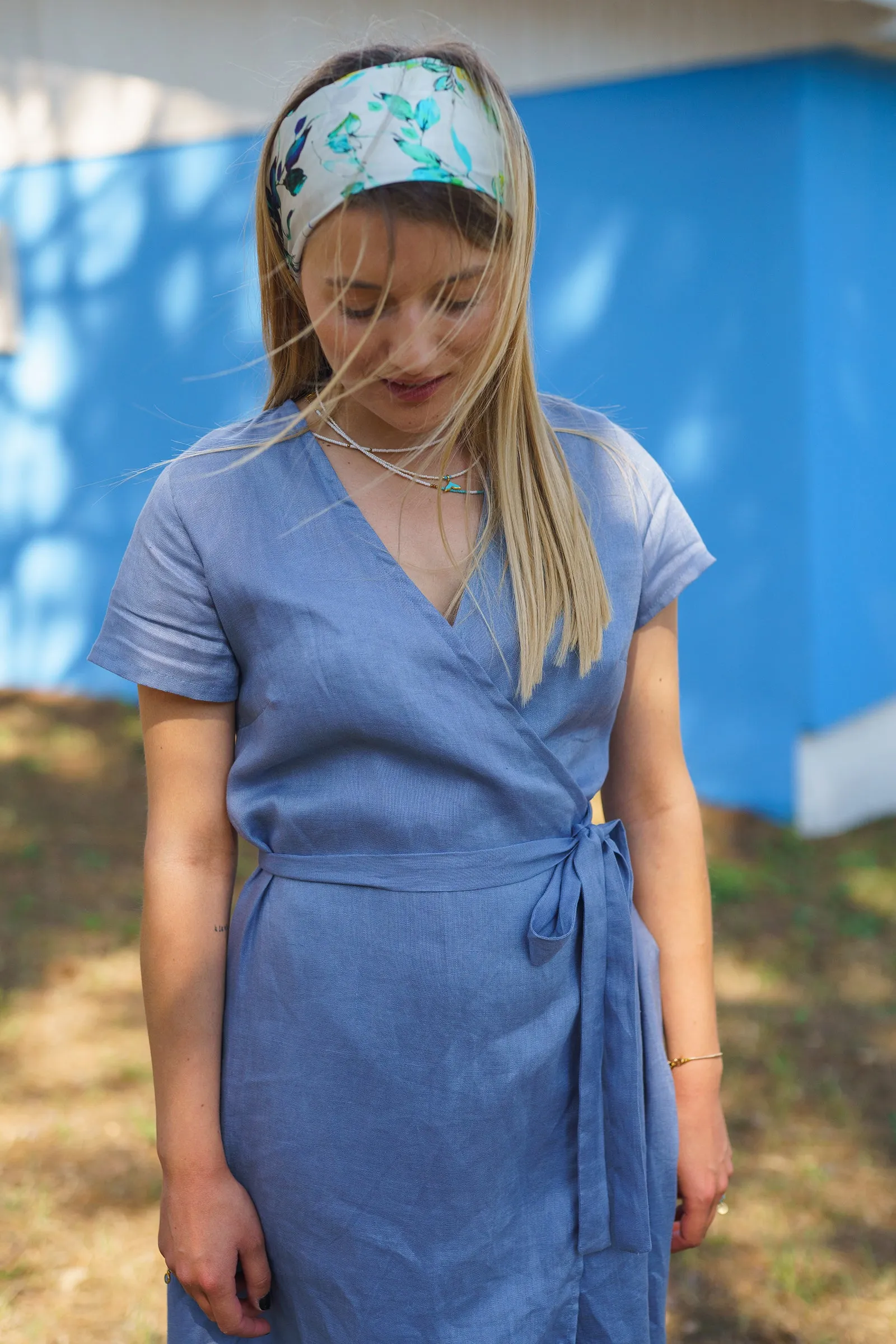 Blue Summer Linen Wrap Dress