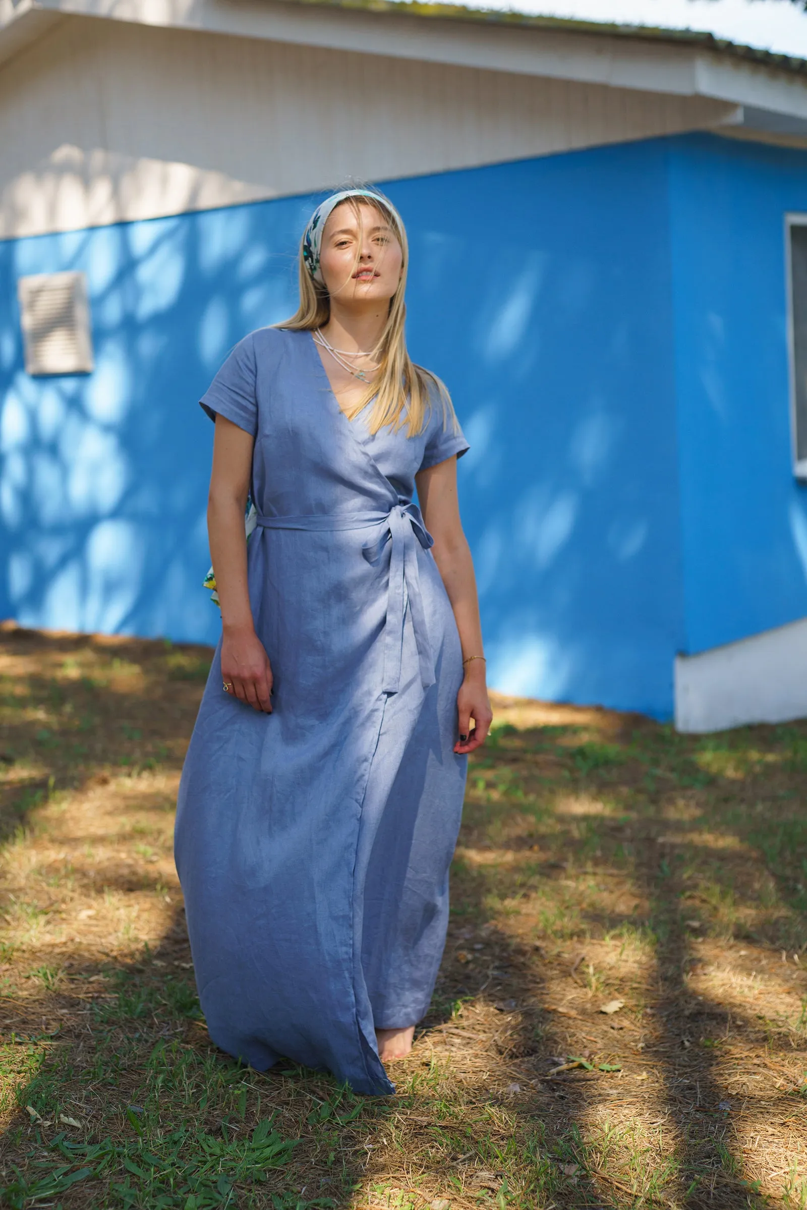 Blue Summer Linen Wrap Dress