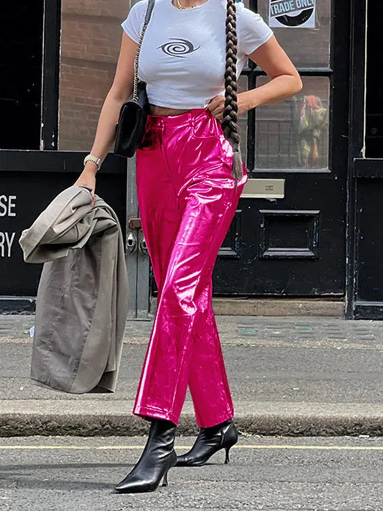Bonnyshow Silver Summer Straight Women's Pants PU Clothing Solid Casual Pocket Trousers Streetwear Fashion High Waist Ankle-Length Pants