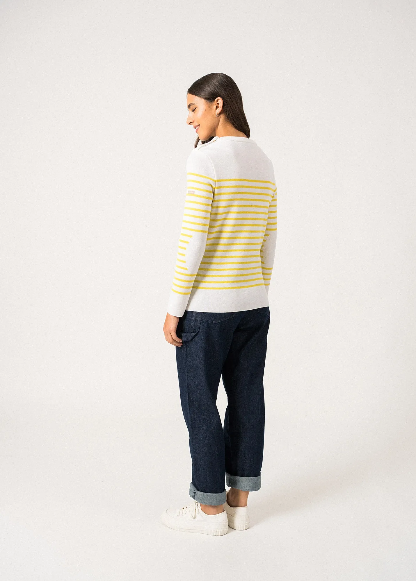 Bregançon striped sailor jumper - solid elbow patches, in wool (BLANC/ACIDULE)