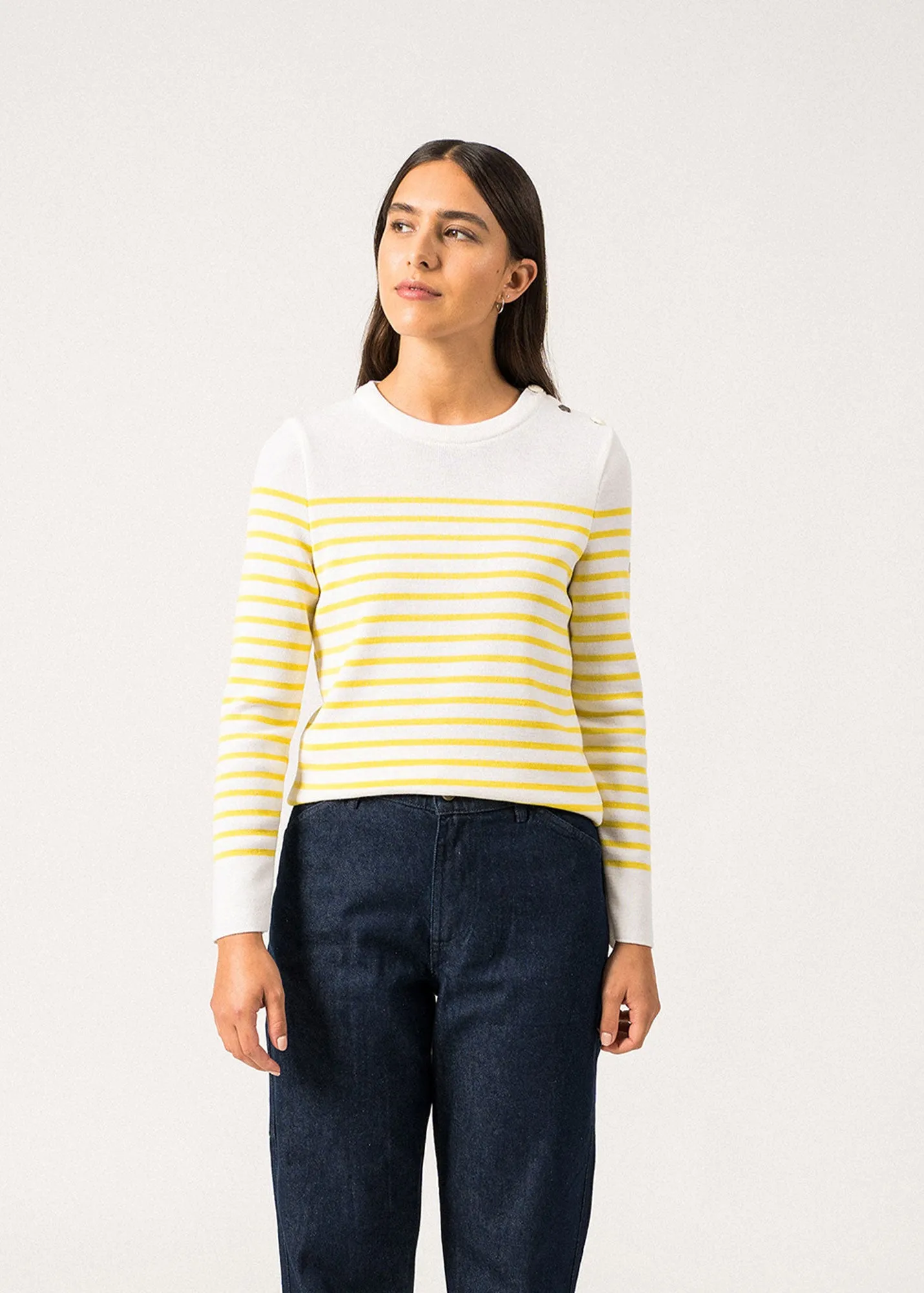 Bregançon striped sailor jumper - solid elbow patches, in wool (BLANC/ACIDULE)