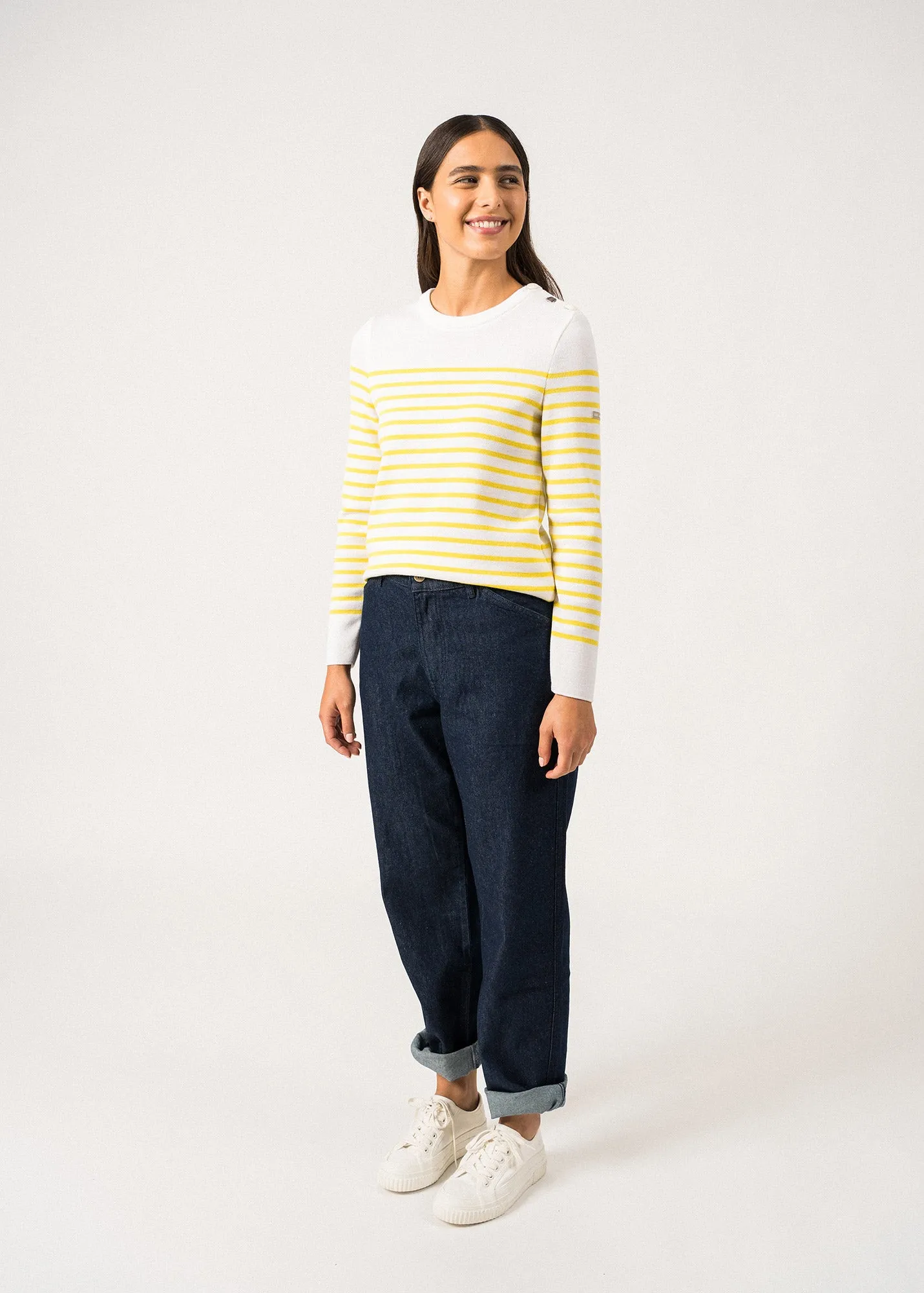 Bregançon striped sailor jumper - solid elbow patches, in wool (BLANC/ACIDULE)