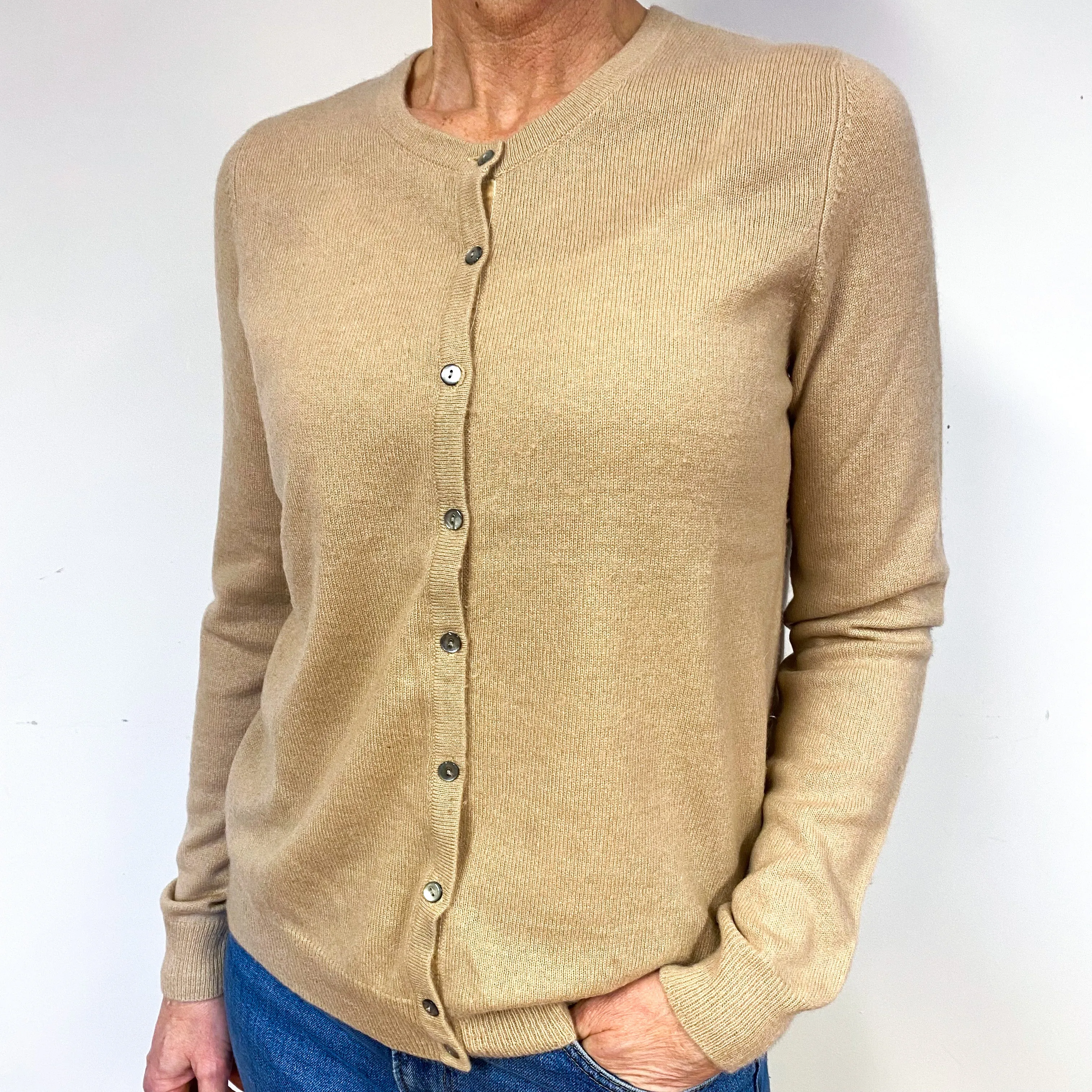 Caramel Brown Cashmere Crew Neck Cardigan Medium