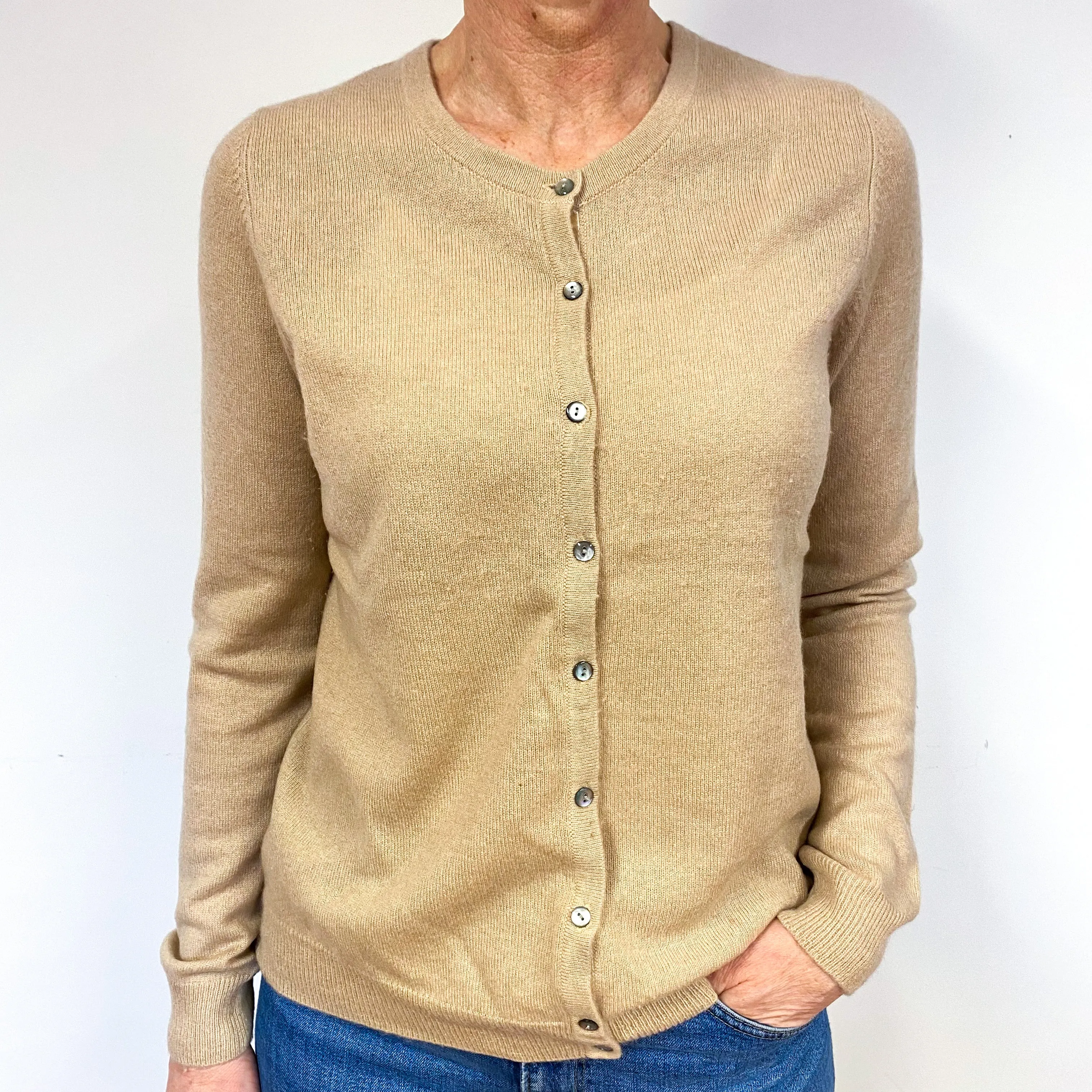 Caramel Brown Cashmere Crew Neck Cardigan Medium