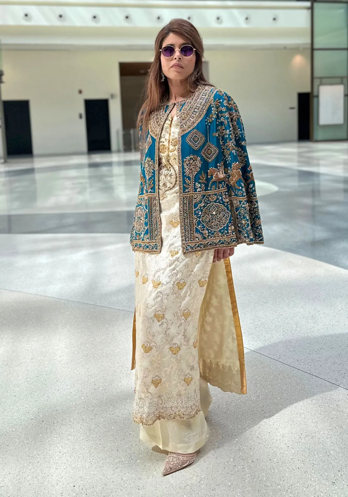 Cerulean Blue Zardozi Embroidery Cape