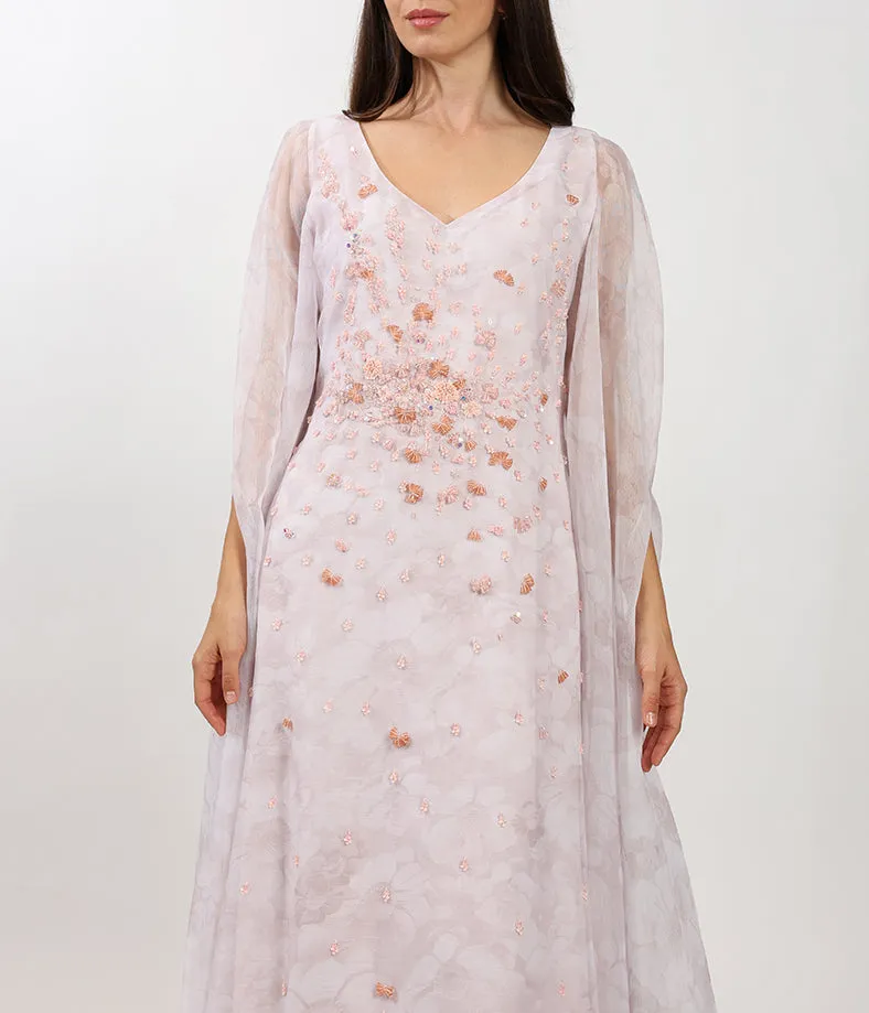 Champagne Cape Dress With Handcrafted Embellishments